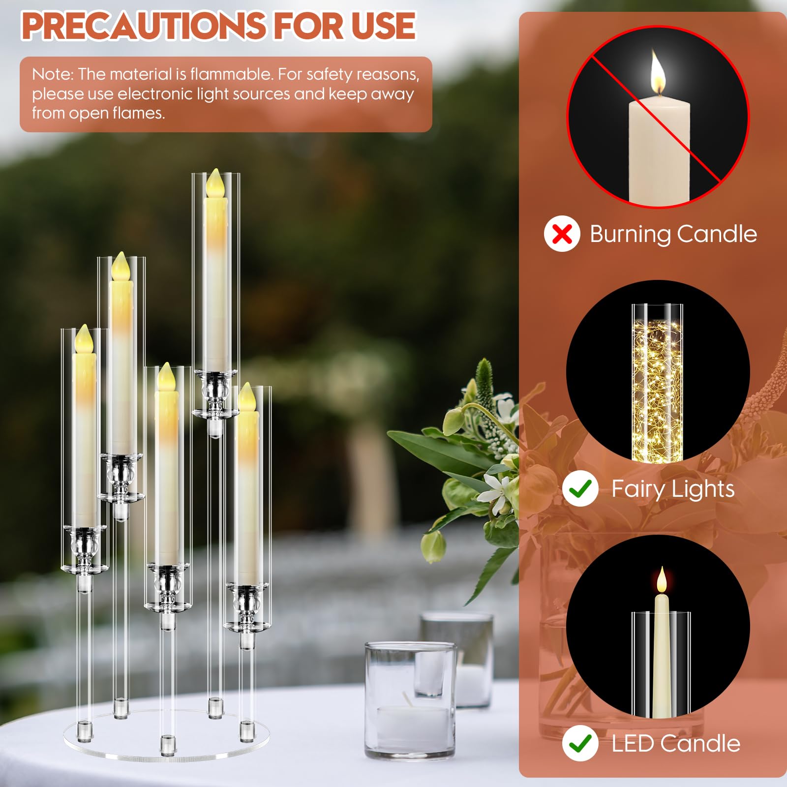 Set di 2 Candelabri con Candele LED, Portacandele 5 Bracci Alti 58 cm, Centrotavola in Acrilico Trasparente per Decorazione Matrimonio Natale, con Base e Paralume