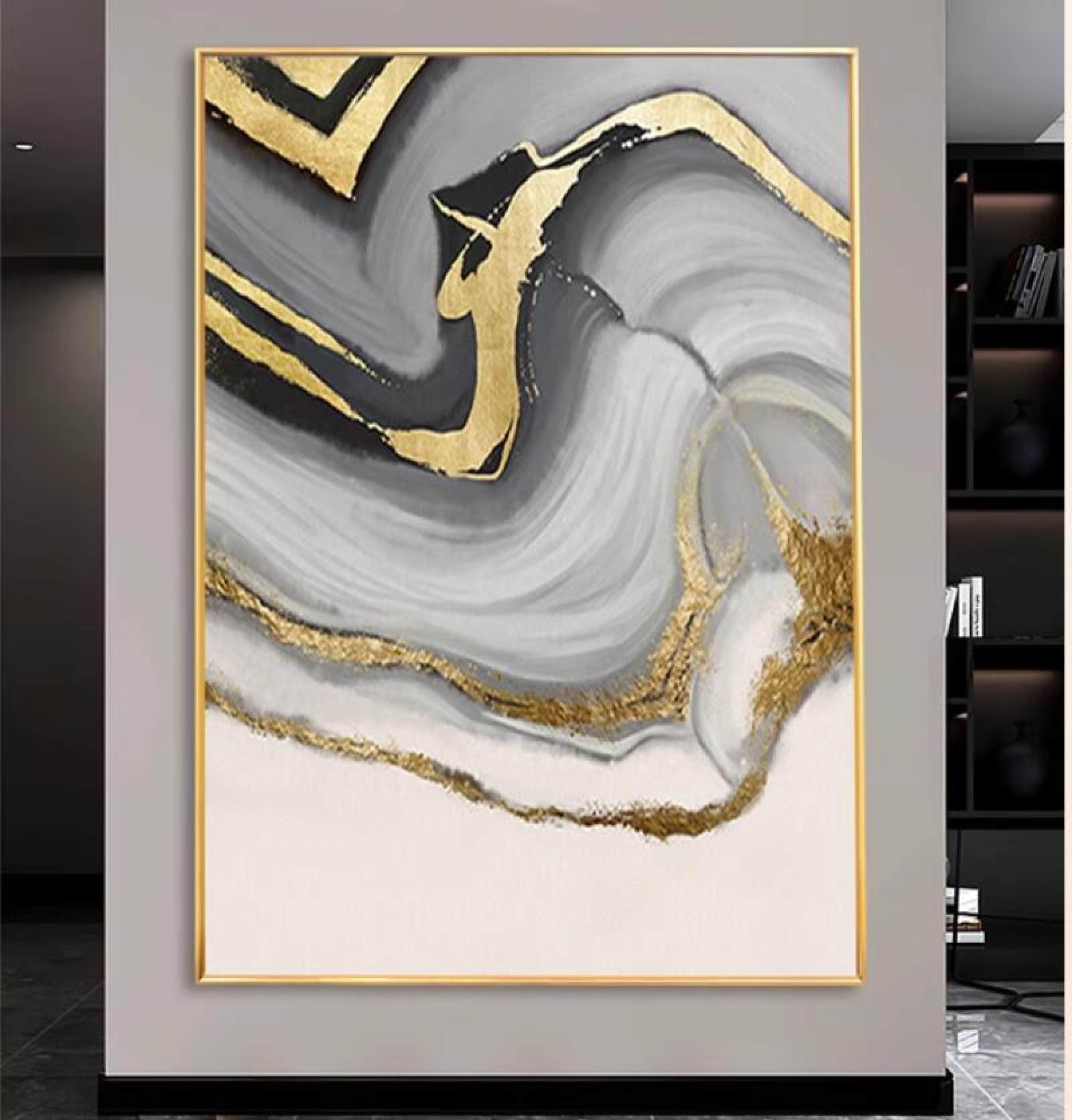 Tableau minimaliste noir blanc or fait main | Œuvre d'art texturée pour chambre zen