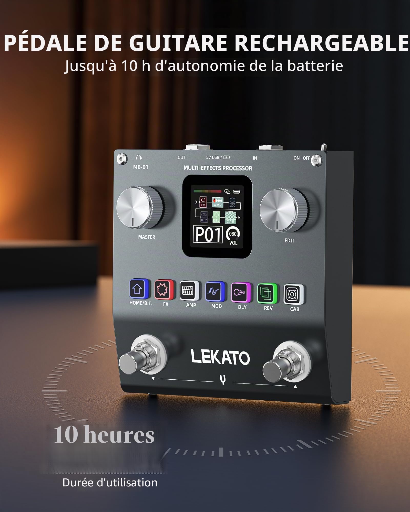 LEKATO Pédale multi-effets pour guitare, processeur d'effets rechargeable pour basse avec 6 modules d'effets, 80 préréglages éditables, édition APP, chargement IR, enregistrement OTG, fonction BT