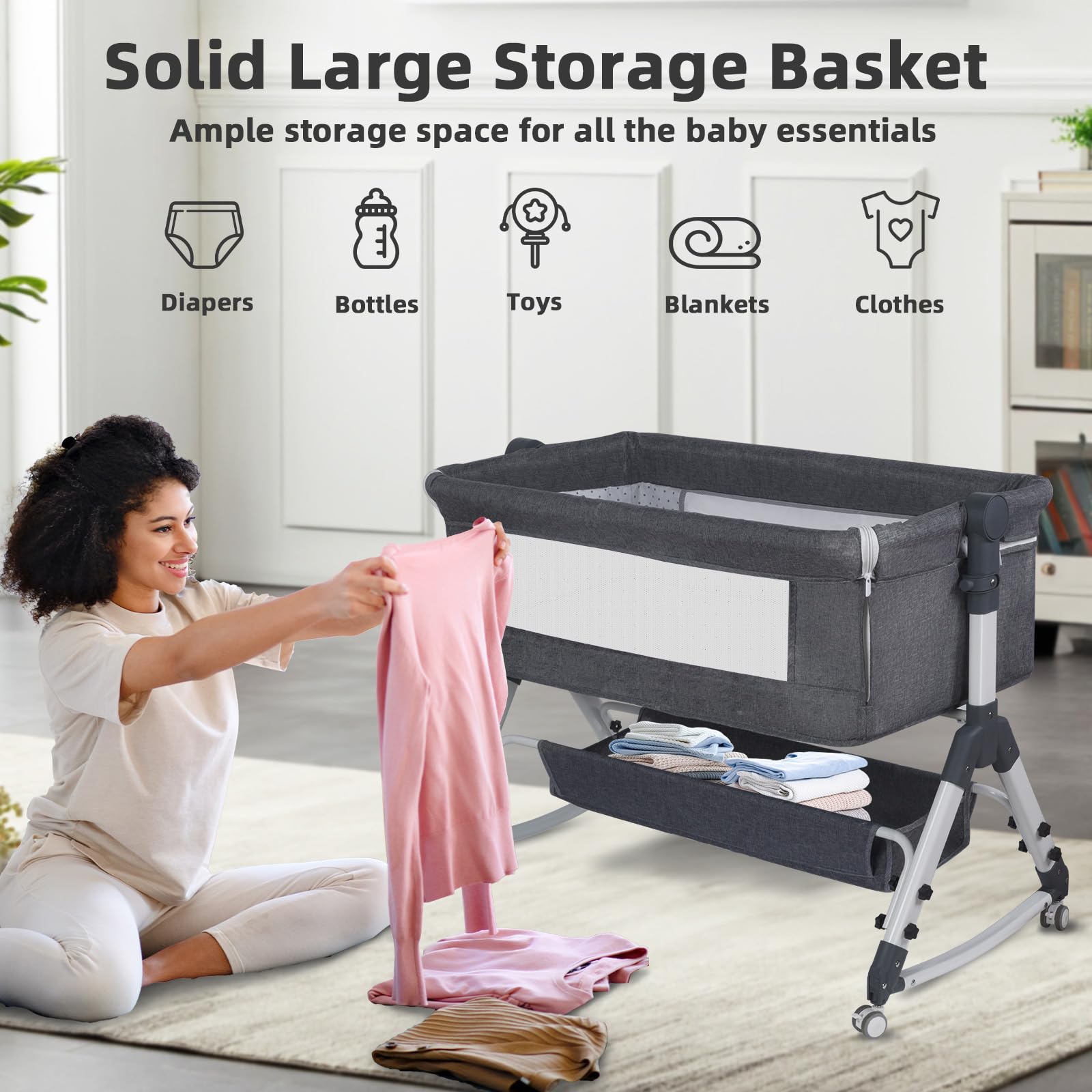 Lit Cododo Bébé Berceau Pliable et Réglable, 0-24Mois, 3 Hauteurs, Matelas Confort, Côtés en Filet, 4 Roues, Facile à Transporter (Gris foncé)