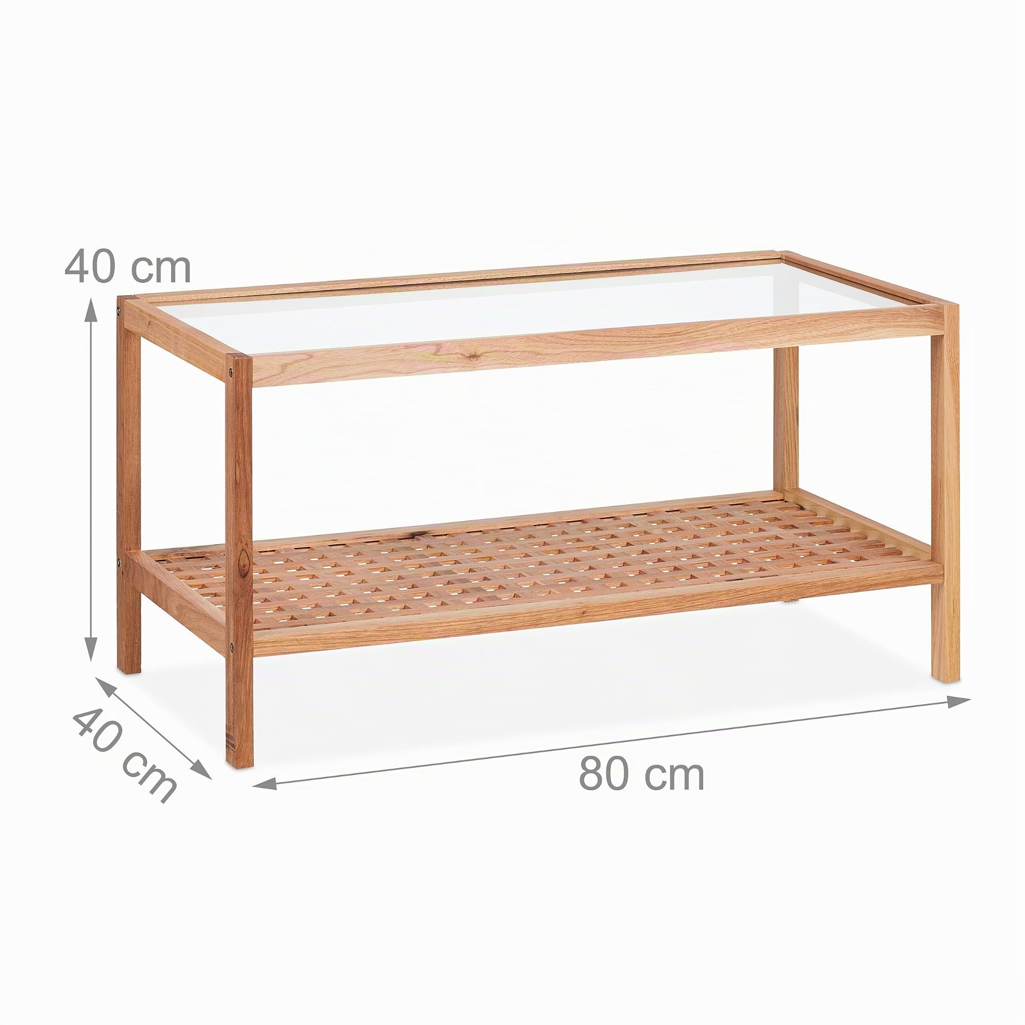 Relaxdays Tavolino da Salotto in Legno, 40 x 80 x 40 cm, Ripiano in Vetro, 2 Mensole, Tavolo Basso da Divano, Naturale