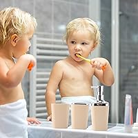 Vista 3 de Juego de baño beige de plástico de 9 piezas, con basurero, dispensador de jabón, portacepillos de dientes, vaso, jabonera, cepillo para inodoro