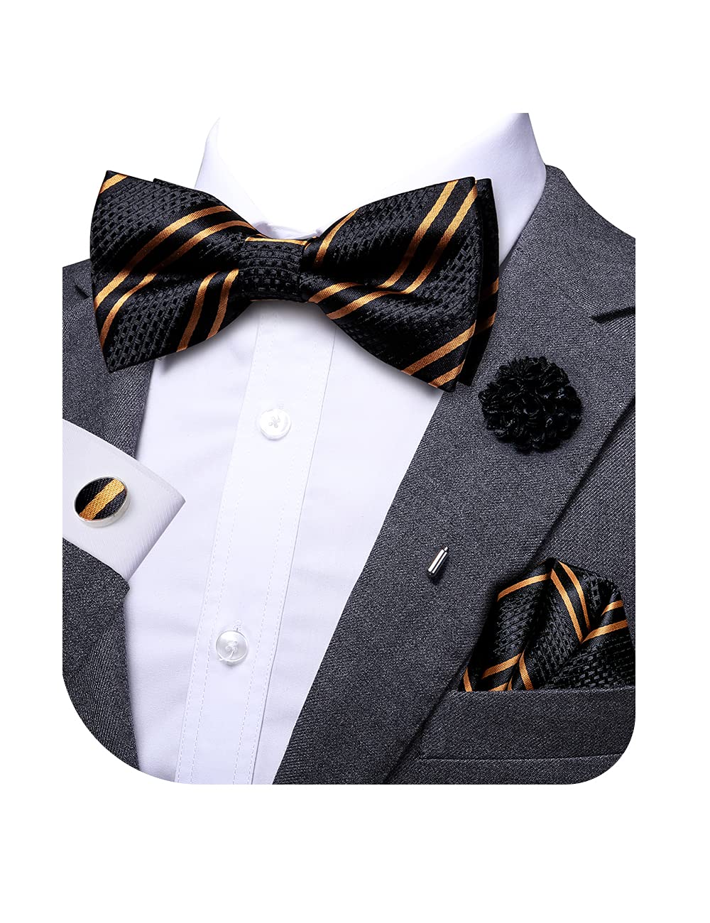 Dubulle Bowtie for Men Paisley Floral Mens Pretied Bowtie and Lapel Pin Set Pocket Square Cufflinks Wedding