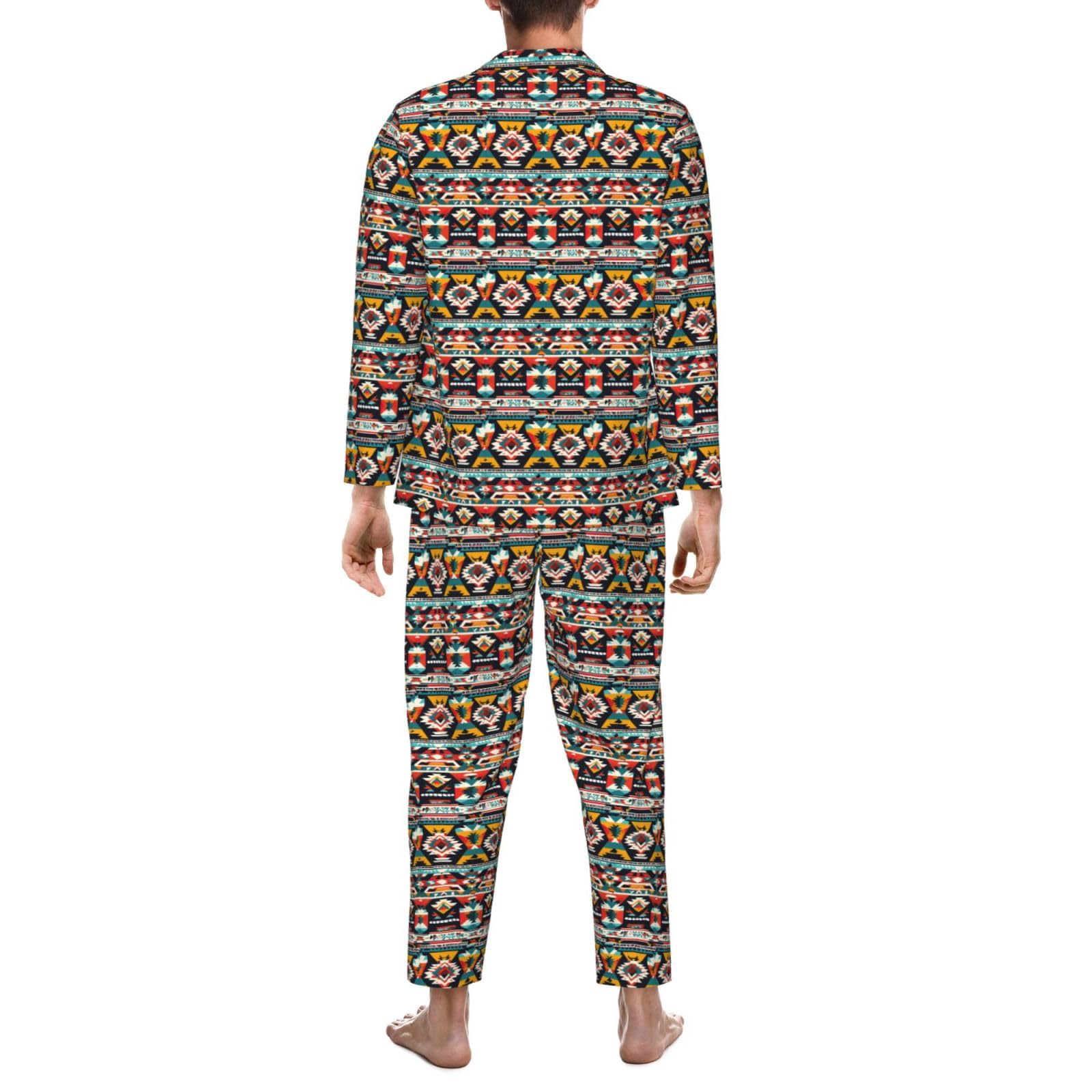 Herren-Pyjama-Set mit Indianer-Muster, langärmelig, zweiteilig, Hauskleidung, bequeme Nachtwäsche