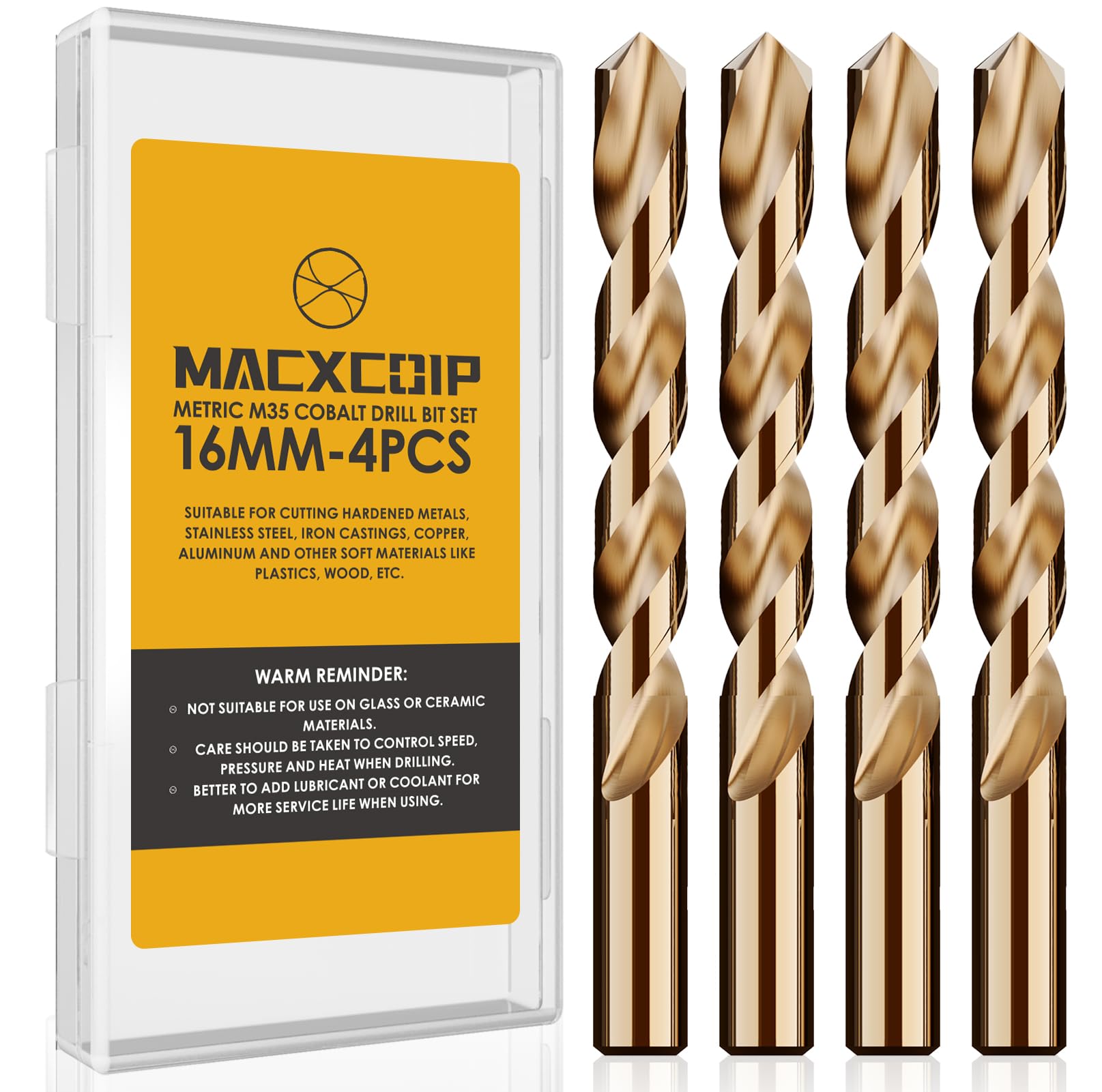 Juego de 4 brocas métricas de cobalto M35, brocas de cobalto HSS de 16 mm, para metales endurecidos, acero inoxidable, hierro fundido y plásticos de madera