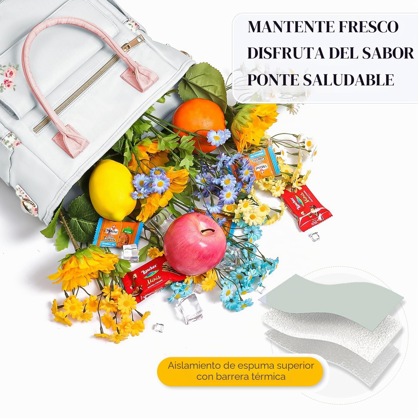 Hihealer Bolsa de almuerzo de lujo para mujer, regalo para el día de la madre, con diseño floral raro, grande, a prueba de fugas, con múltiples bolsillos, con correa extraíble, para trabajo, picnic