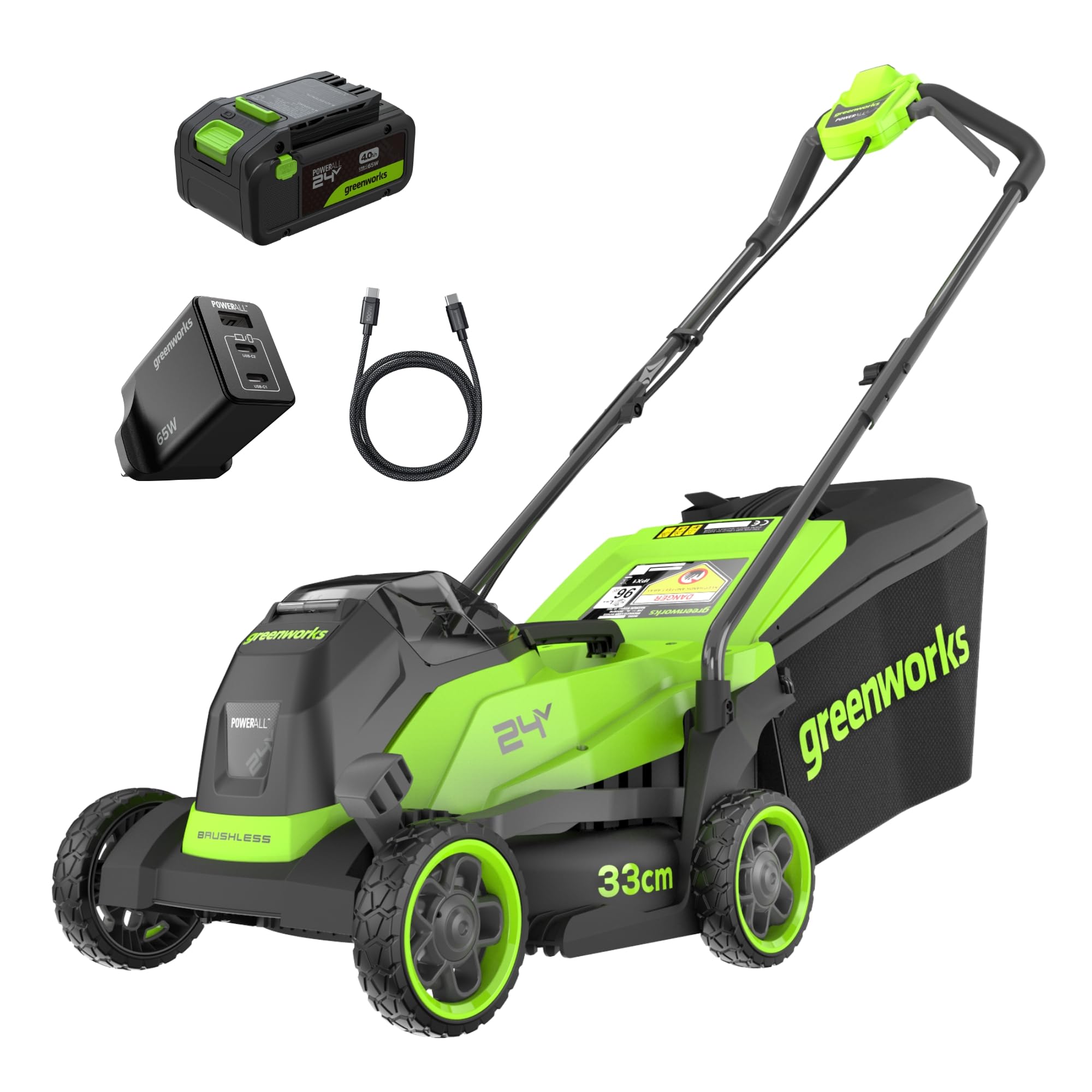 Greenworks 24V Cordless Lawnmower with Brushless Motor for Smaller Lawns up to 140m², 33cm Cutting Width, 30L Bag, Lawnmower with 24V 4Ah Battery & Charger, 3 Year Guarantee-MO24L411-01