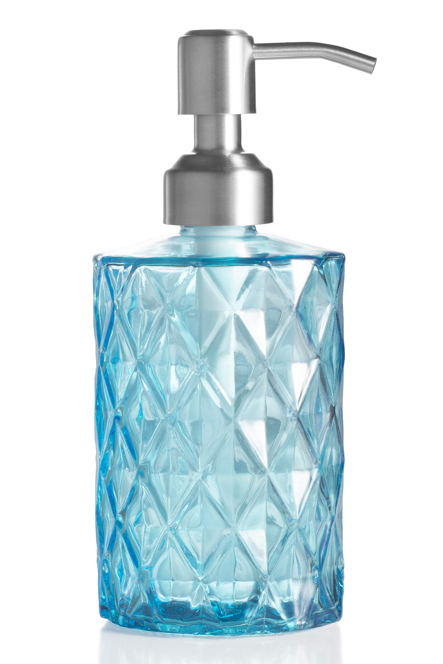 Easy-Tang Soap Dispenser with Stainless Steel Pump, Refillable Clear Glass Bottle, Ideal for Liquid Soaps, Essential Oils and Lotions (Blue)