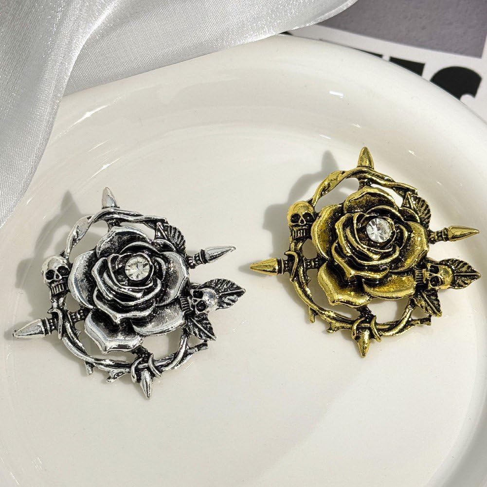 Broche Gótico De Calavera con Rosa, Pines De Solapa Vintage Antiguos con Diamantes De Imitación Y Flores para Mochilas, Sombreros, Bolsos Y Joyas. Regalo. — view 5