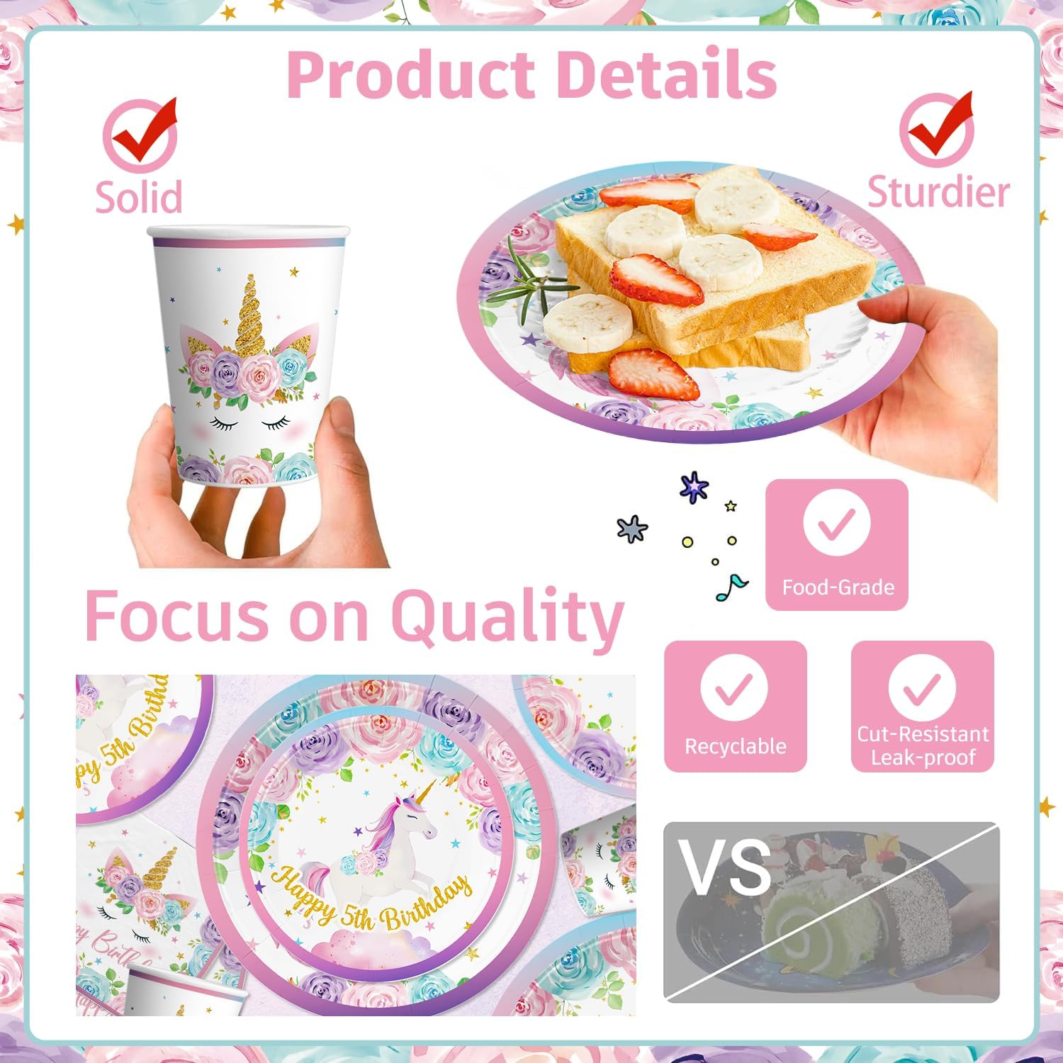 162pcs Unicorn 5th Birthday Decorations for Girl: Unicorn Plates, Napkins, Banner, Hanging Swirls, Tablecloth, Cake Topper - Pink, Purple - Serves 25