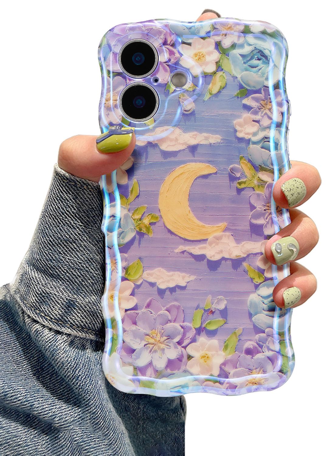 EYZUTAK Case for iPhone 16, Colorful Retro Oil Painting Flower Moon Pattern Laser Cute Curly Wave Edge Exquisite Phone Cover Stylish Durable TPU