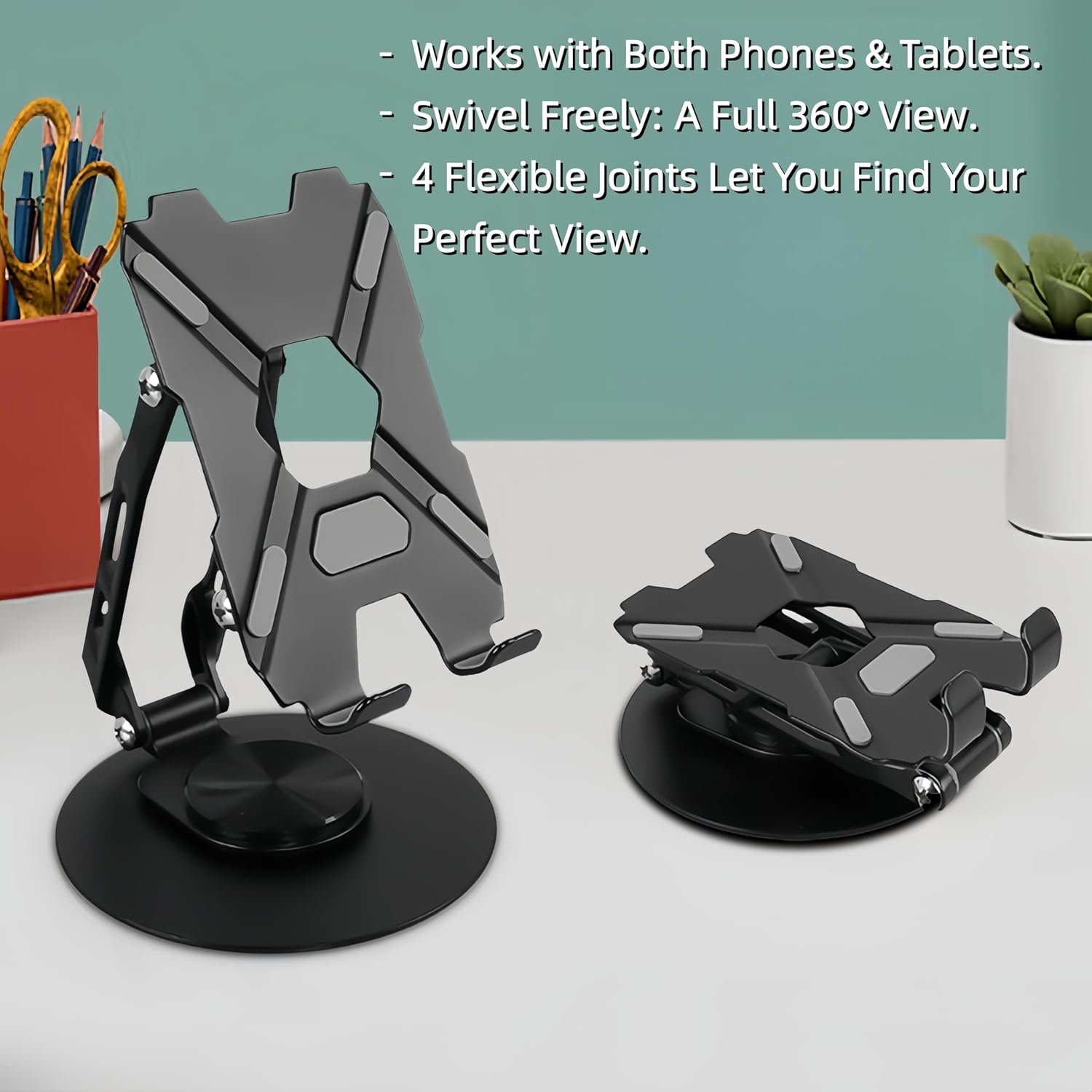 All-Metal Cell Phone Stand 360° Rotatable & Height Adjustable - 25KG Super Load-Bearing, Foldable Desk Stand for Phone, Compatible with iPhone 17/16/15/14, Nintendo Switch, Black