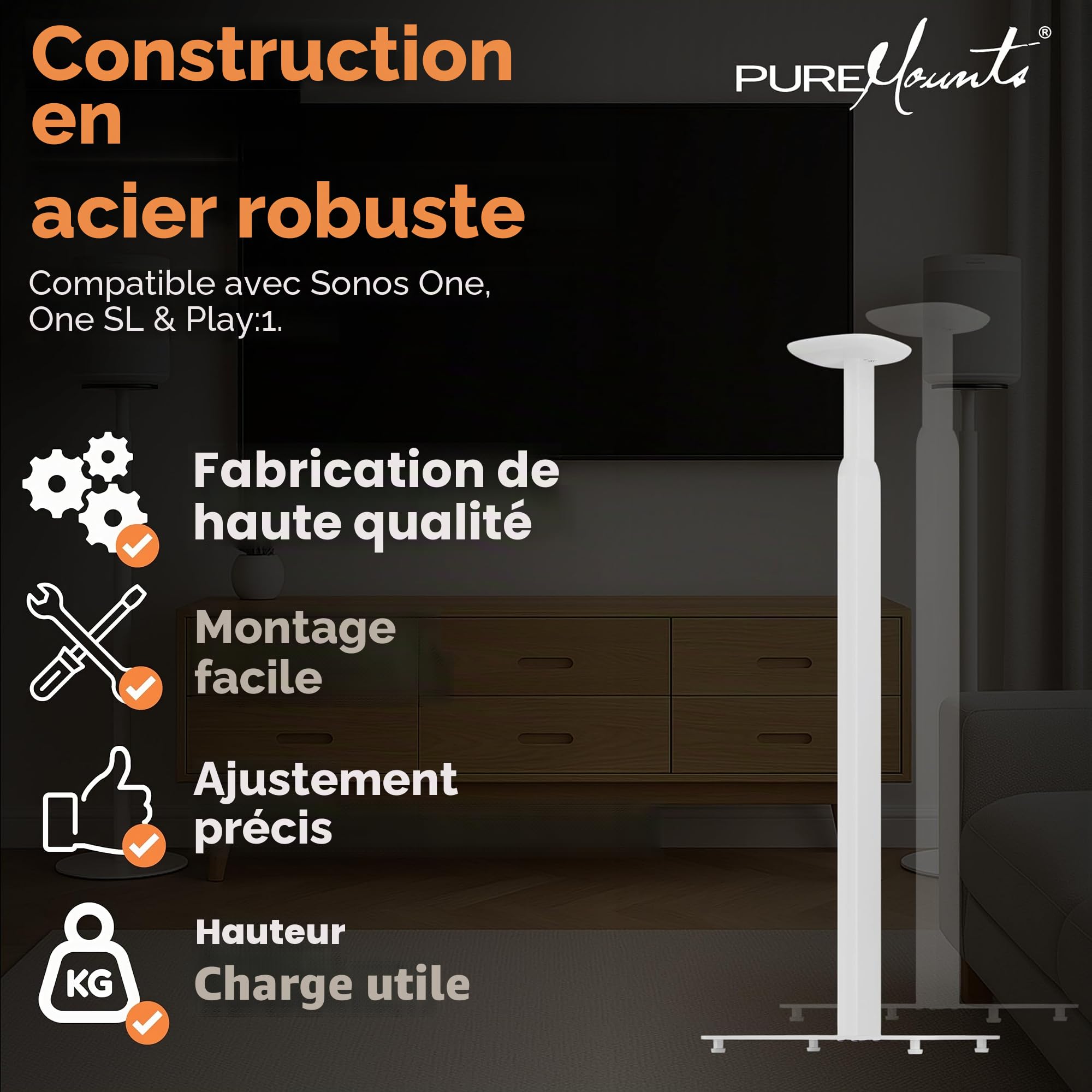 PureMounts® Pied d'enceinte réglable en Hauteur pour SONOS One®, SONOS One SL®, capacité de Charge 3 kg, Distance au Mur 25 cm, Acier et Aluminium, Blanc