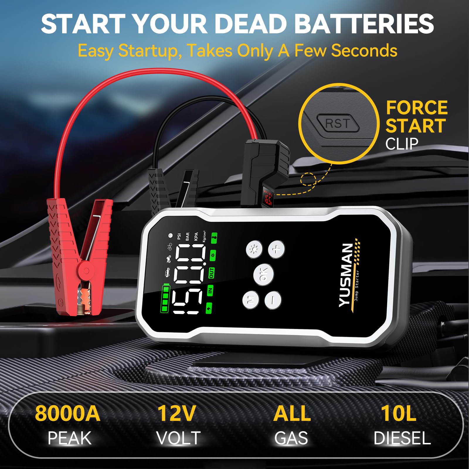 Jump Starter with Air Compressor, 8000A 160PSI Jump Starter Pack (10.0 Gas/7.0L Diesel), 12V Car Jump Starter, Battery Jump Starter with Display, Smart Jumper Cables, 2 LED Light