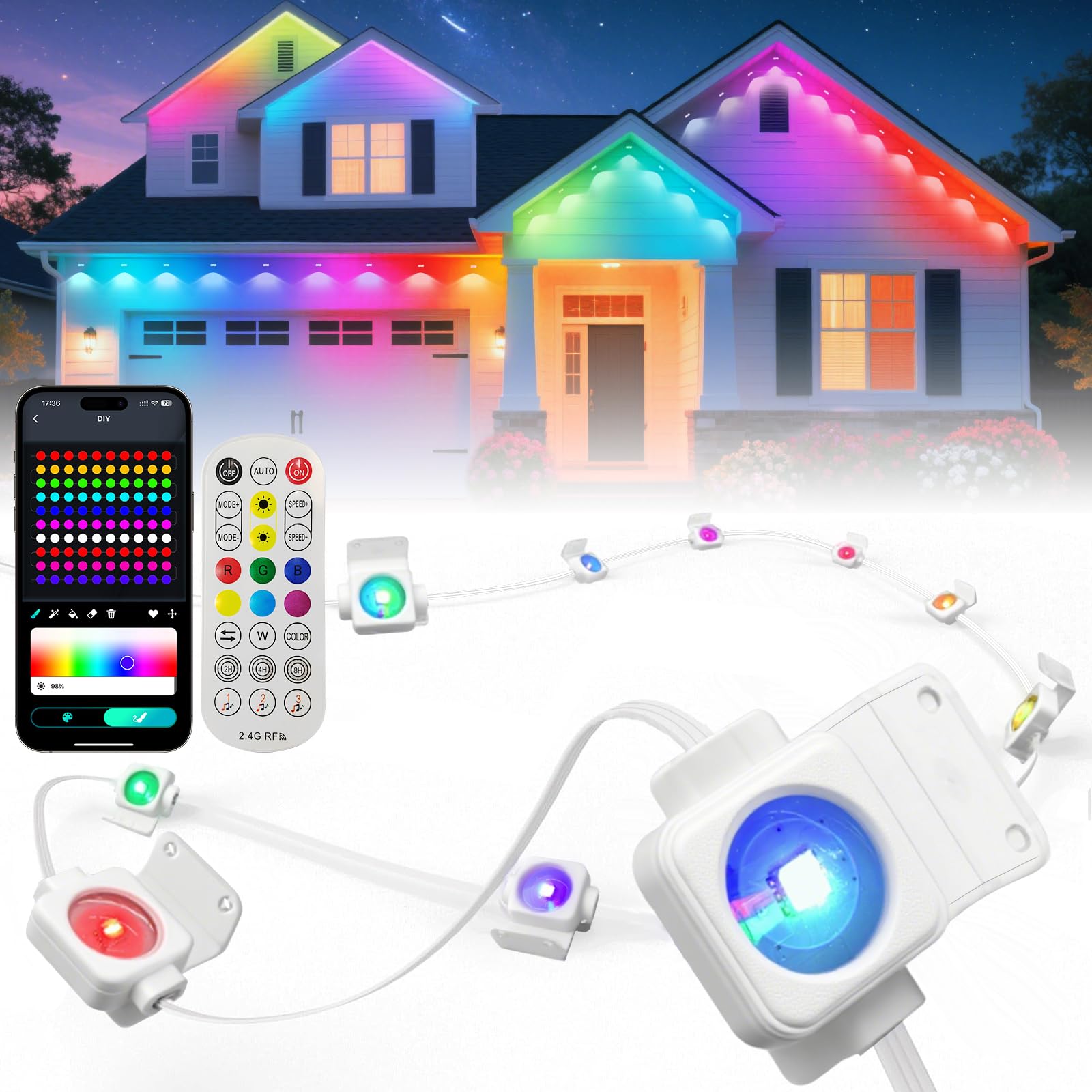 Super RGB Smart Permanent Outdoor Lights, 200FT 120LEDs Color Changing RGB IC Wall Lights, APP &amp; Remote Control, Music Sync, Dynamic Lighting for House, Living Room, Ceiling, Eave Party Xmas Decor
