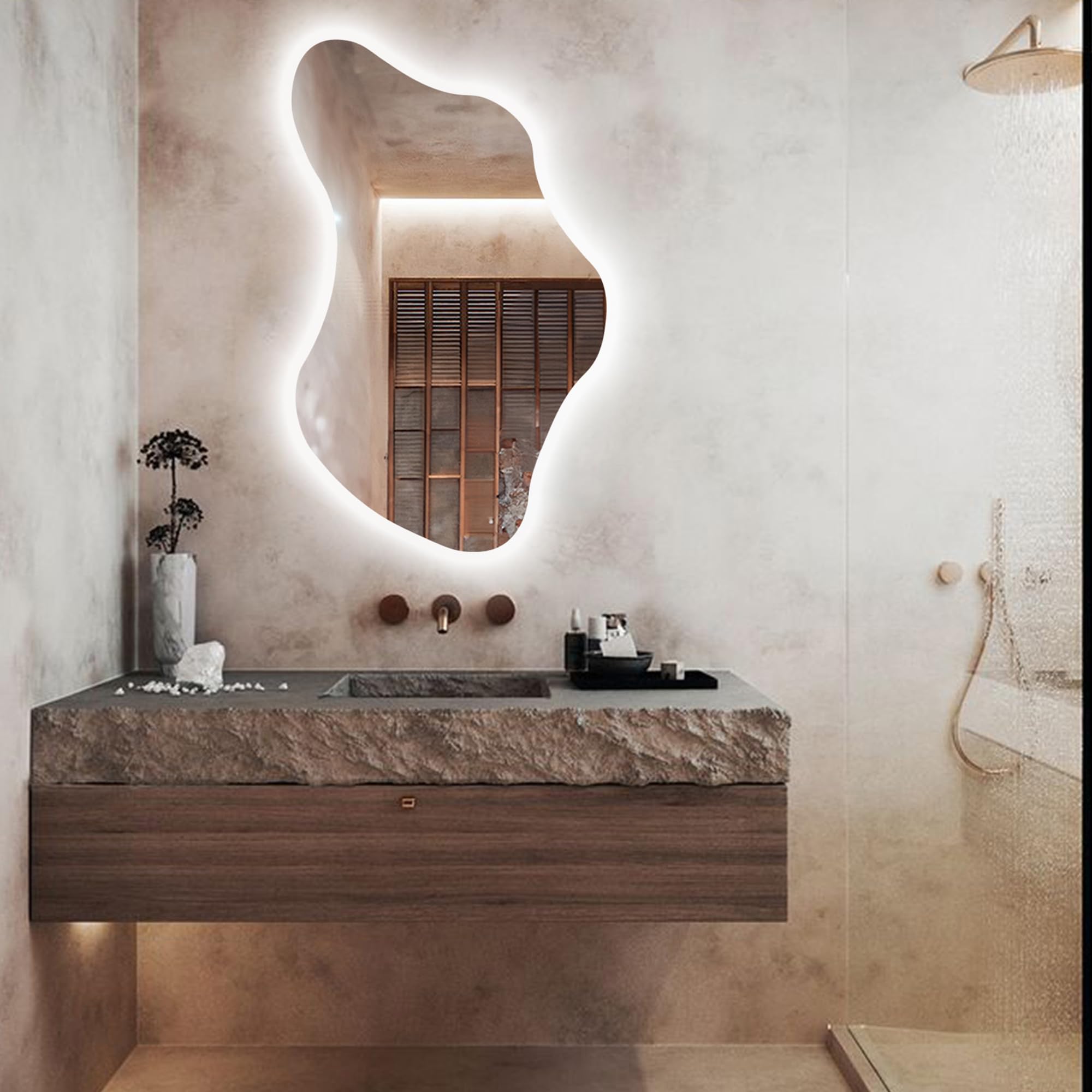 FAWdecor Asymmetrical Led Lighted Mirror for Bathroom, Irregular Vanity Mirror with Lights, Washbasin Backlit Led Illuminated Wall Mirror (Cool Light, 46x75 cm)