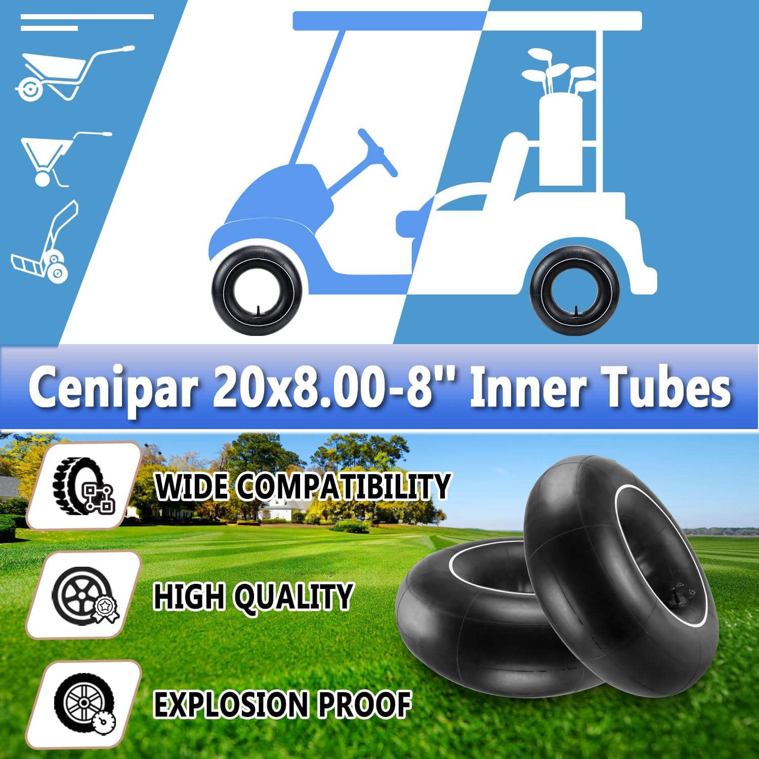 Cenipar 20x8.00-8 Inner Tubes 20x8-8, 20x10.00-818x6.50-8, 18x7.50-8, 18x8.50-8 18x9.50-8 Inner Tubes with TR13 Straight Valve Stem for Heavy Duty Cart like Tractor Golf Cart Mowers(2 Packs)