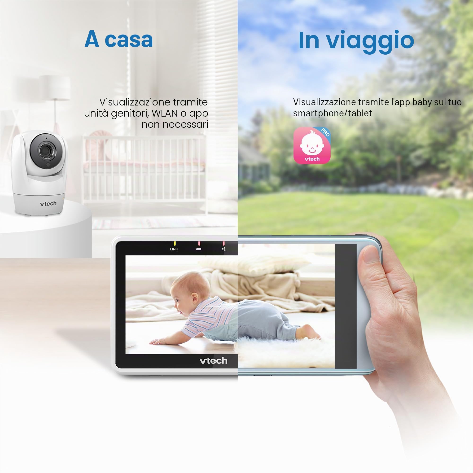 VTech Baby Monitor WiFi intelligente VM901, display 720p da 5 pollici, videocamera 1080p, visione notturna HD, zoom pan-inclinato completamente a distanza, conversazione a due vie