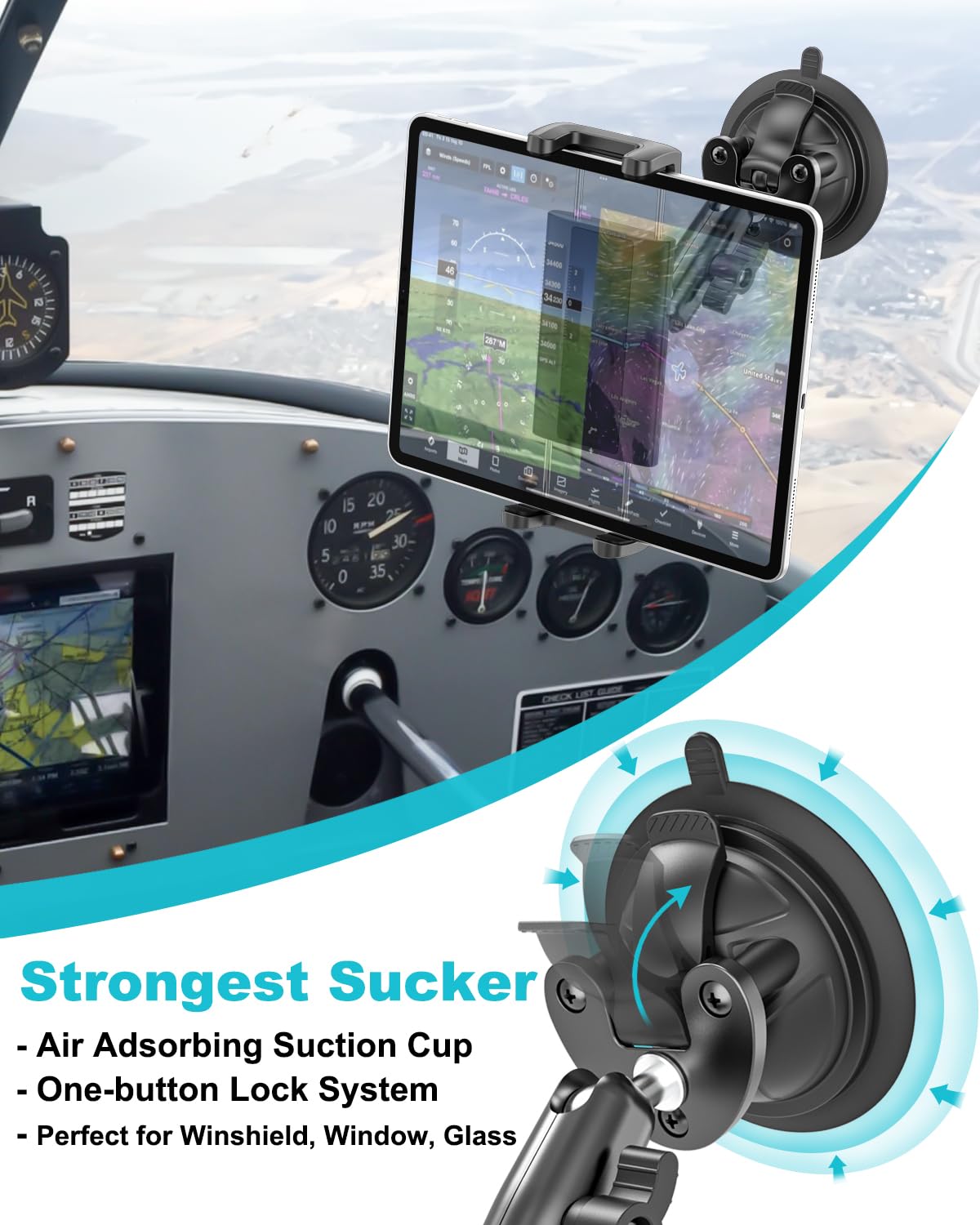 Supporto Tablet Pilota, Universale Ventosa Forte - Supporto Tablet Parabrezza Aereo, Rotazione a 360° Porta per iPad Mini 7 6 5 4, iPad Pro 12.9 11 Air, Galaxy Tab, Tab M10 M11, iPhone, 4~13"