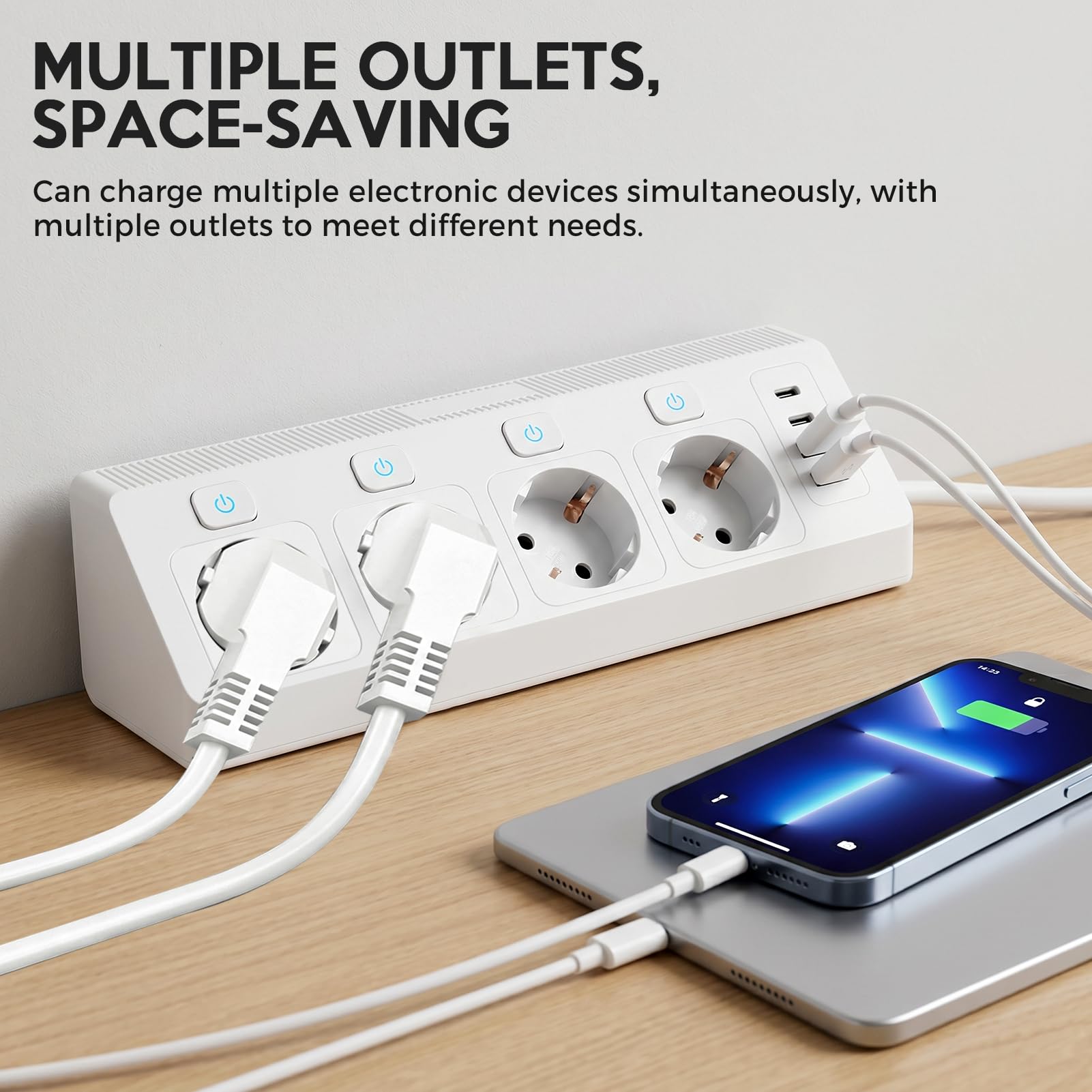 Multipresa a 4 prese con USB-C e Interruttori Indipendenti | Multipresa da Scrivania 4 porte USB, Multipresa con protezione da sovratensioni, 3680W, 16A, 2m, per cucina, casa e ufficio