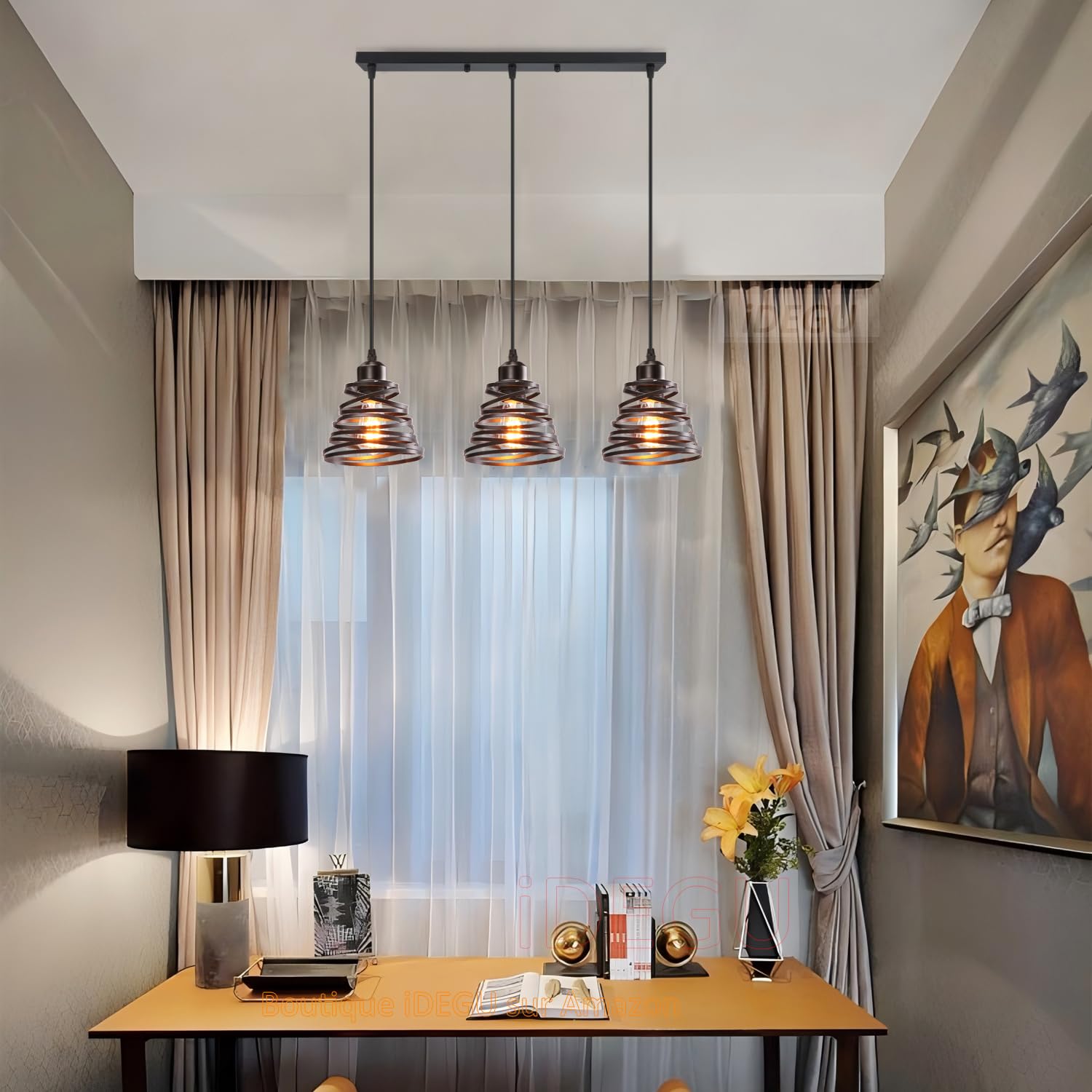 iDEGU 3-flammig Pendelleuchte Moderne Spirale Design Metall Lampenschirm E27 Vintage Lampe Industrielle Hängelampe für Schlafzimmer Wohnzimmer Küche Esszimmer (3-flammig Hängeleuchte, Schwarz, Balken)