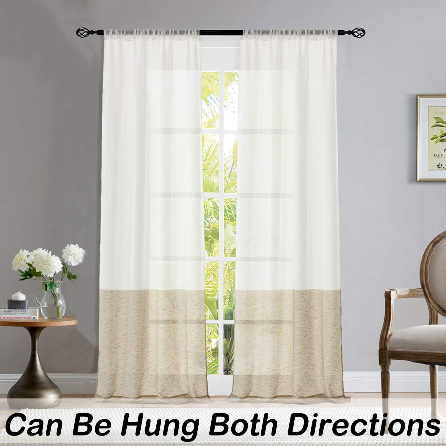 Central Park Tan and White Stripe Sheer Color Block Window Curtain Panel Pairs Linen Drape Treatment for Bedroom Living Room Farmhouse 84 inches Long with Rod Pocket,2 Panel Rustic Living Panels Tan 40"W x 84"L (Pack of 2)