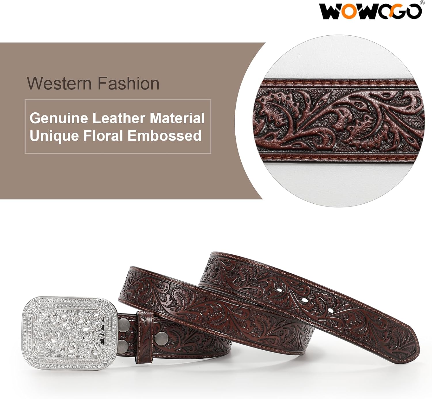 Women Men Western Genuine Leather Belt Cowgirl Cowboy Floral Engraved Tooled Belt Strap Embossed Scrollwork Buckle - Image 4