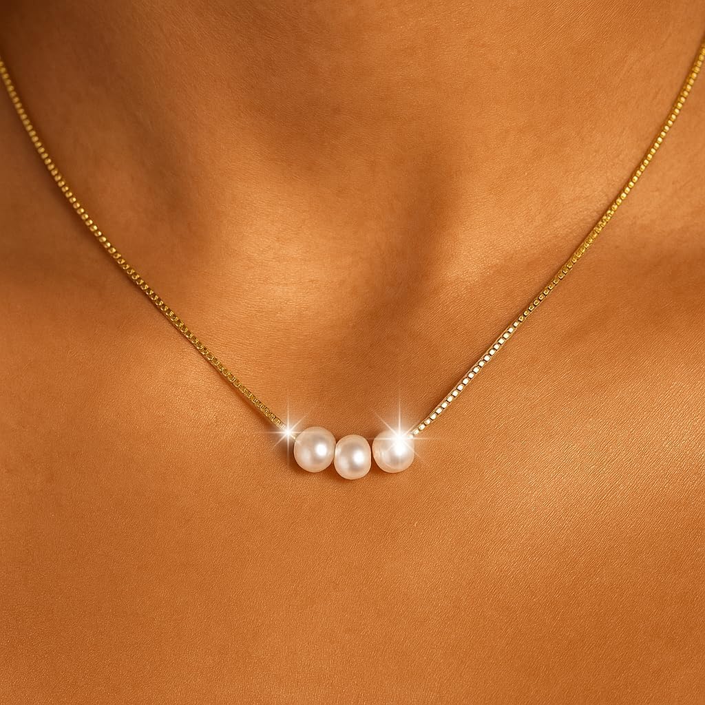 Women's Dainty Gold Necklace, Three Freshwater Pearl Pendant Gold Necklace, Minimalist Delicate Gold Necklaces for Women, Elegant Daily Wear Jewelry Gift - Image 3