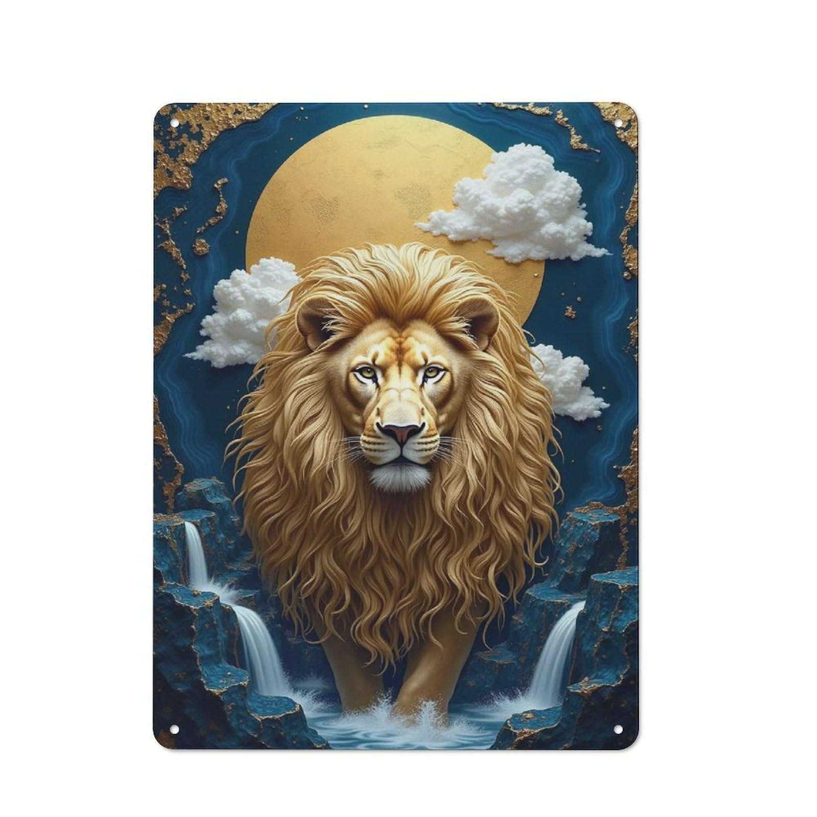 Junmoney Style-21 Tin Wall Plaque 40X30cm With Majestic Lion In A Celestial Waterfall For Home Office Or Studio, For Metal Sign Collectors, For Garage And Workshop Walls