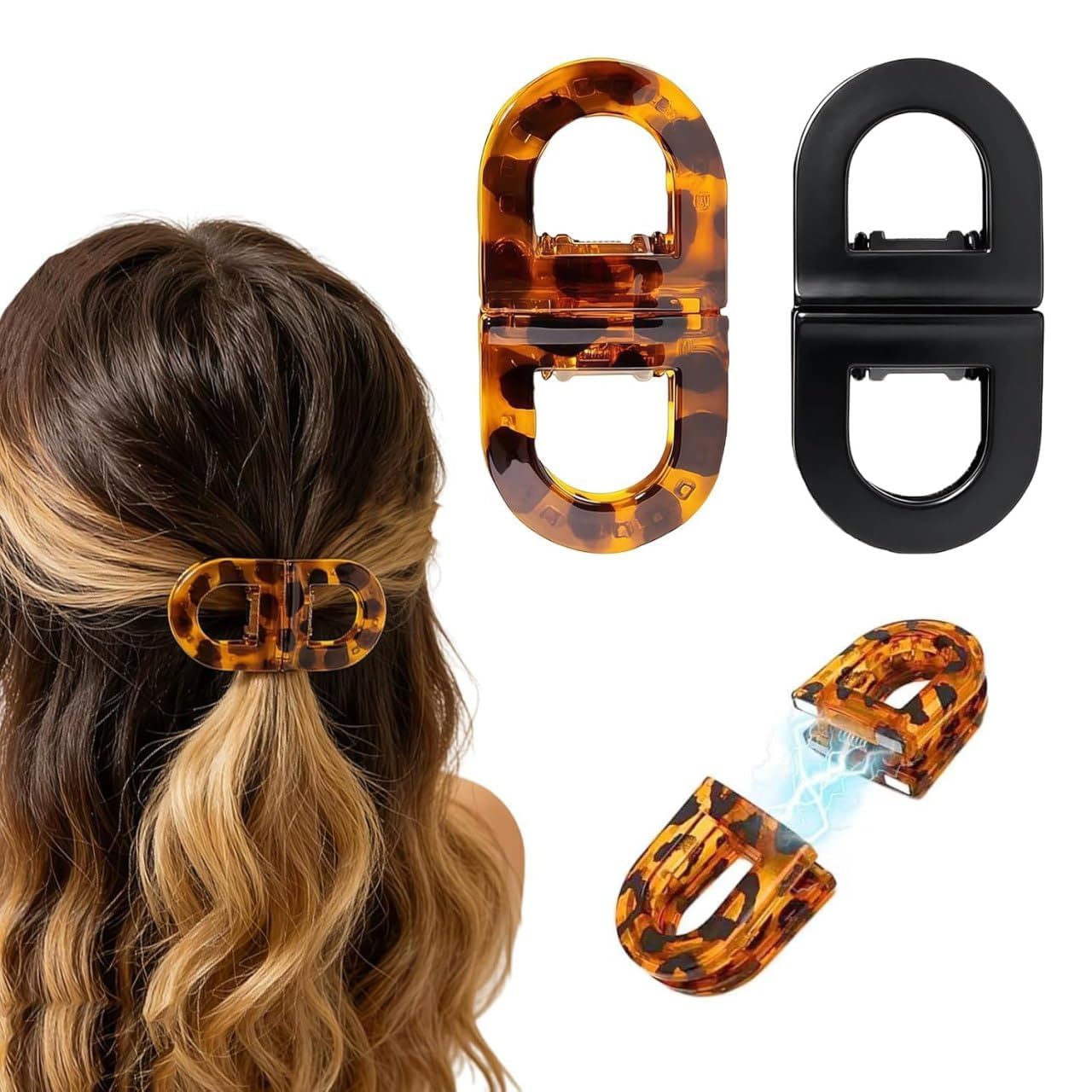 Magnetic Hair Barrette Set of 2, No-Slip Oval Hair Clips for Women & Girls, Strong Magnetic Ponytail Holder, Tortoise Print & Matte Black Hair Styling Accessories for Thick, Thin & Medium Hair-image-26