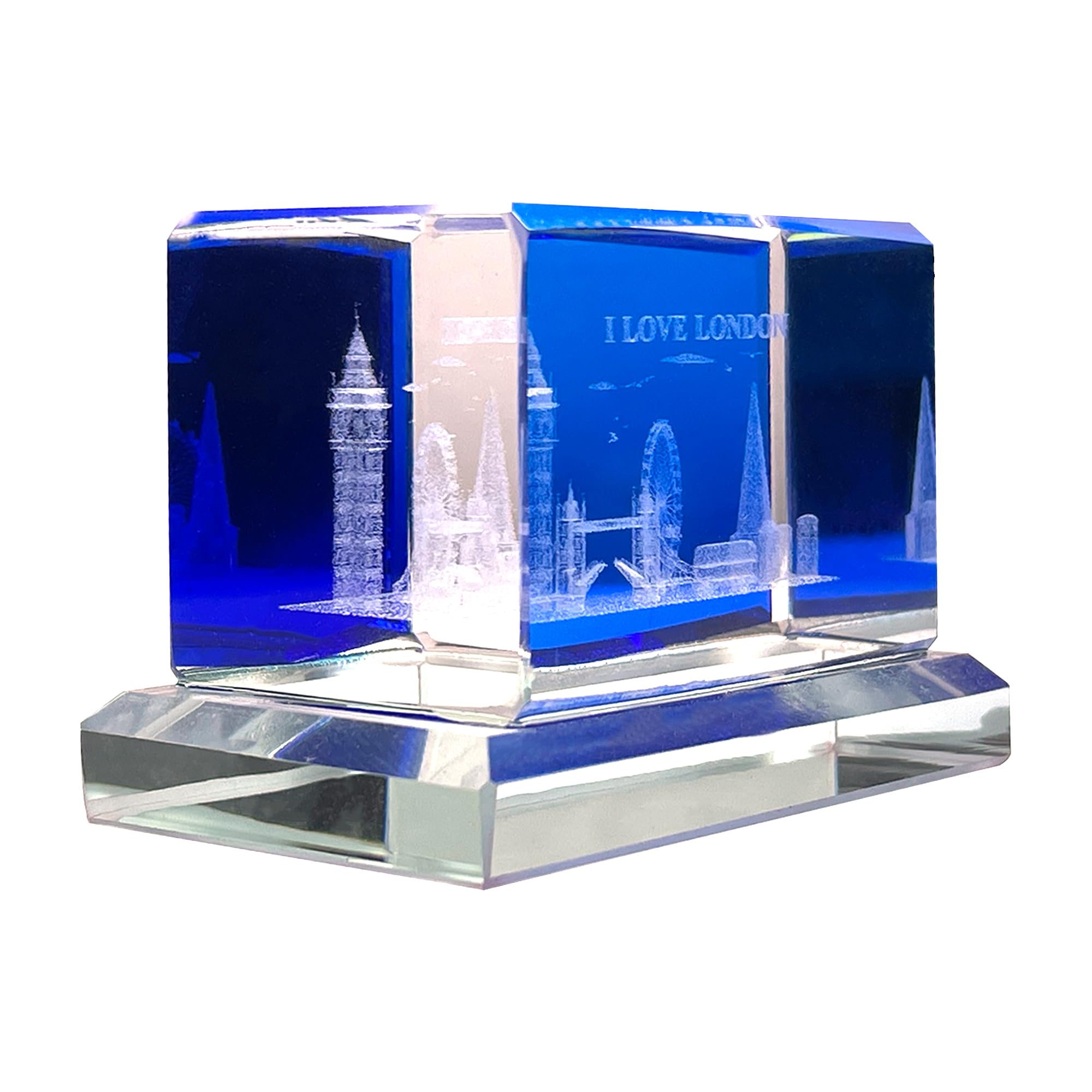 Lilaj Blue 3D Laser Engraved Skyline Crystal Art Tinted Glass Ornament Featuring Iconic London Landmarks Big Ben Tower Bridge London Eye & The Shard – Perfect Home Decor, Collectible British Souvenir