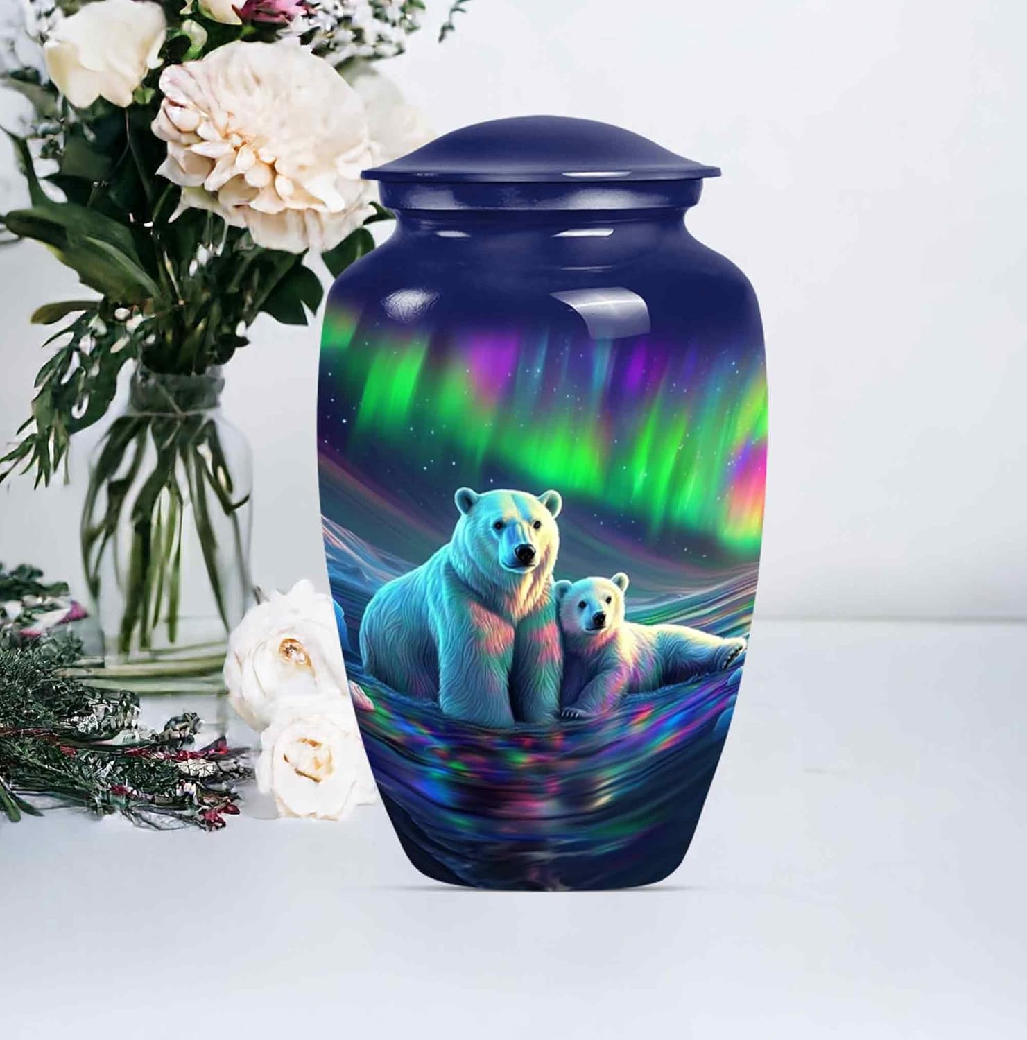 Northern Lights Polar Bear Urn for Adult Ashes Male & Female - Large & Keepsake Memorial Urns for Human Ashes - Elegant Aurora Borealis Themed Burial Urns - Decorative Urn (Large 10")