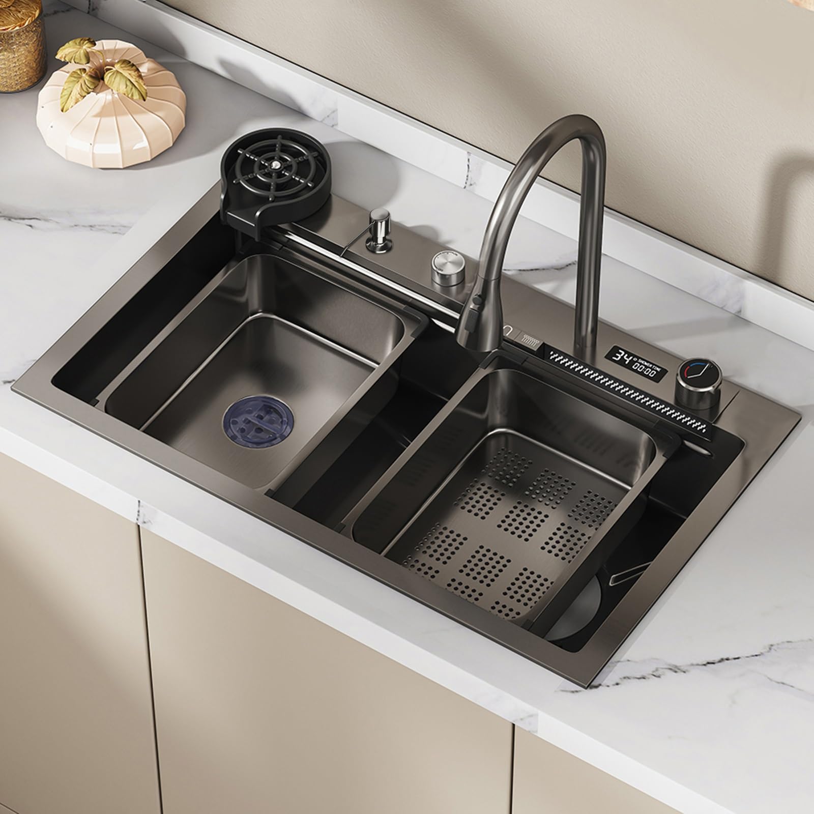 YADZISW Stainless Steel Drop-In Kitchen Sink with Nano Waterfall Digital Display Single Bowl Pull-Down Faucet & Cup Washer Workstation for Drop-In/Undermount Installation (68x45cm)