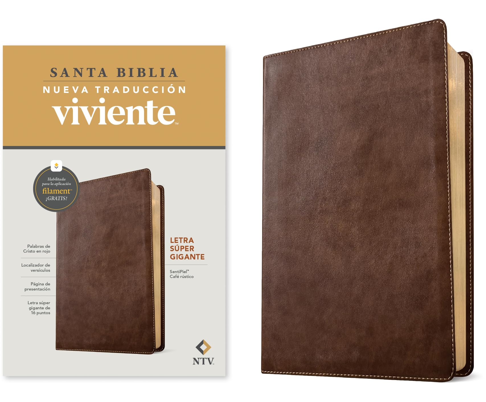 Biblia letra súper gigante NTV, con Filament (SentiPiel, Café rústico, Letra Roja)