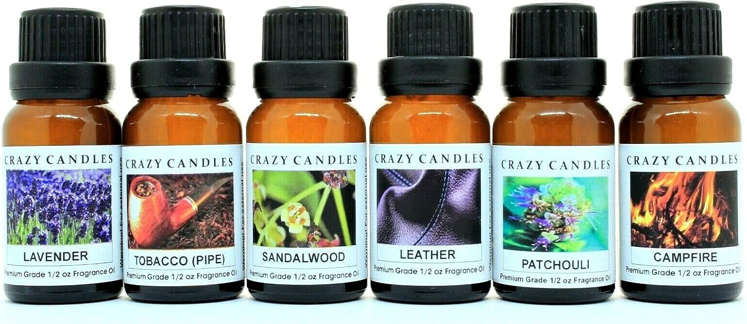 Crazy Candles 6 Bottle Set (Made in USA) 1 Patchouli, 1 Lavender, 1 Sandalwood, 1 Leather, 1 Campfire, 1 Tobacco (Pipe) 1/2 Fl Oz Each (15ml) Premium Grade Scented Fragrance Oils