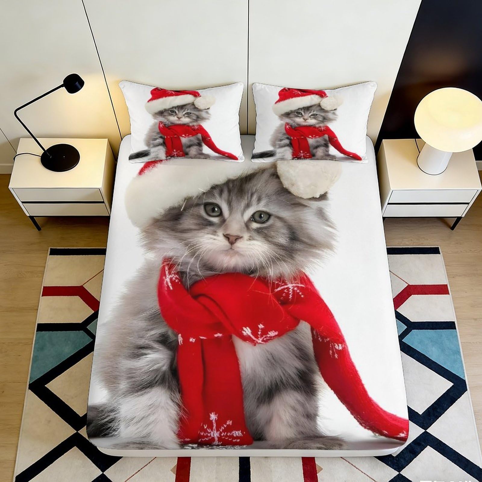 3D Printed Christmas Cat Fitted Sheet Microfiber Soft Breathable Festive Kitten Mattress Cover for Bedroom Dormitory Guest Room Mattress Protection Decor 200x200x25cm