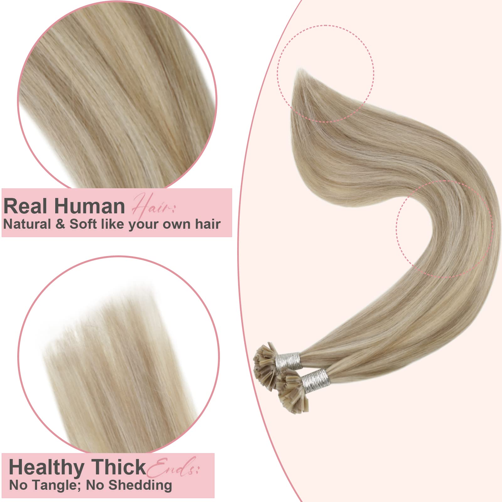 Easyouth U Tip Hair Extensions Human Hair Highlight Blonde U Tips Human Hair Extensions Ash Blonde Mixed Bleach Blonde Pre Bonded Human Hair Extensions U Tip Hair 14 Inch 50g/50s - Image 4
