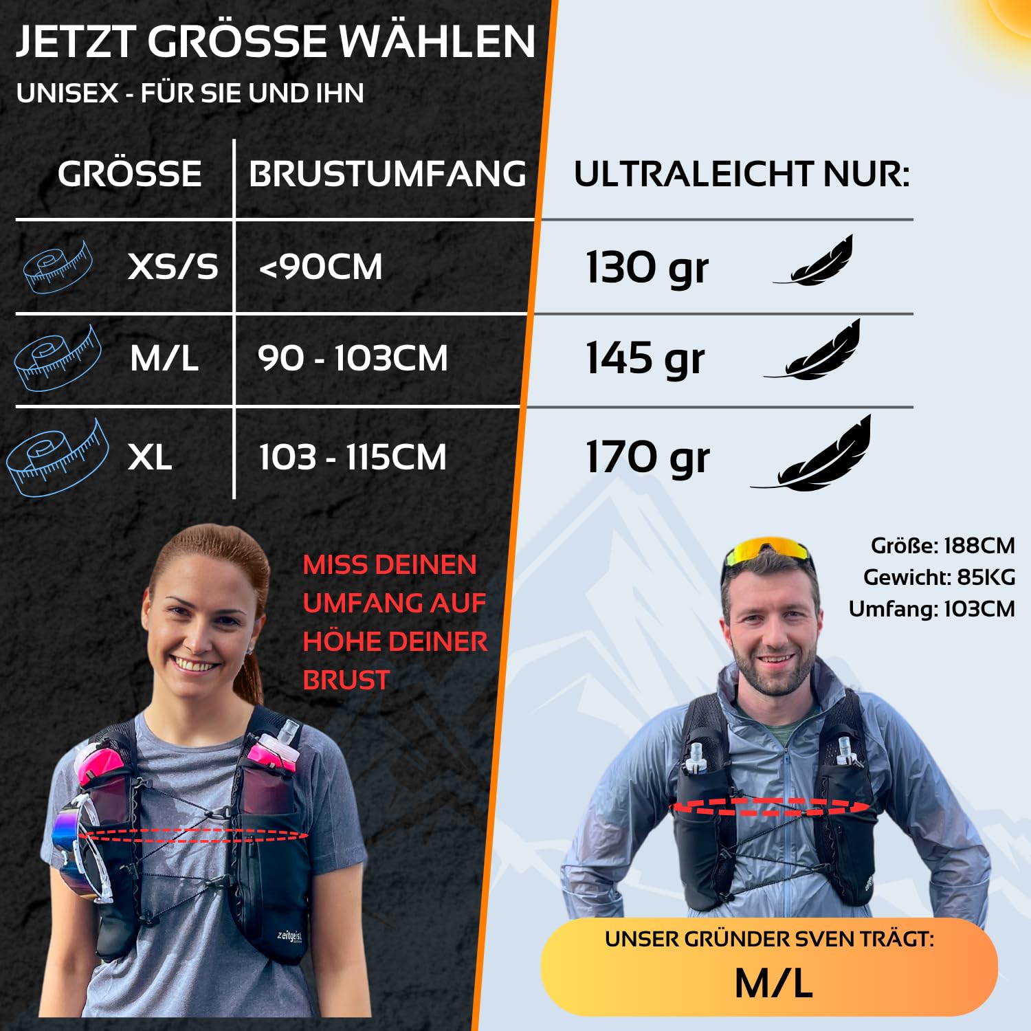 Laufweste Damen und Herren Urban fit 2L optimale Passform atmungsaktiv ultraleichter Laufrucksack 130-170gr Trinkruckack Laufen Trailrunning Rucksack