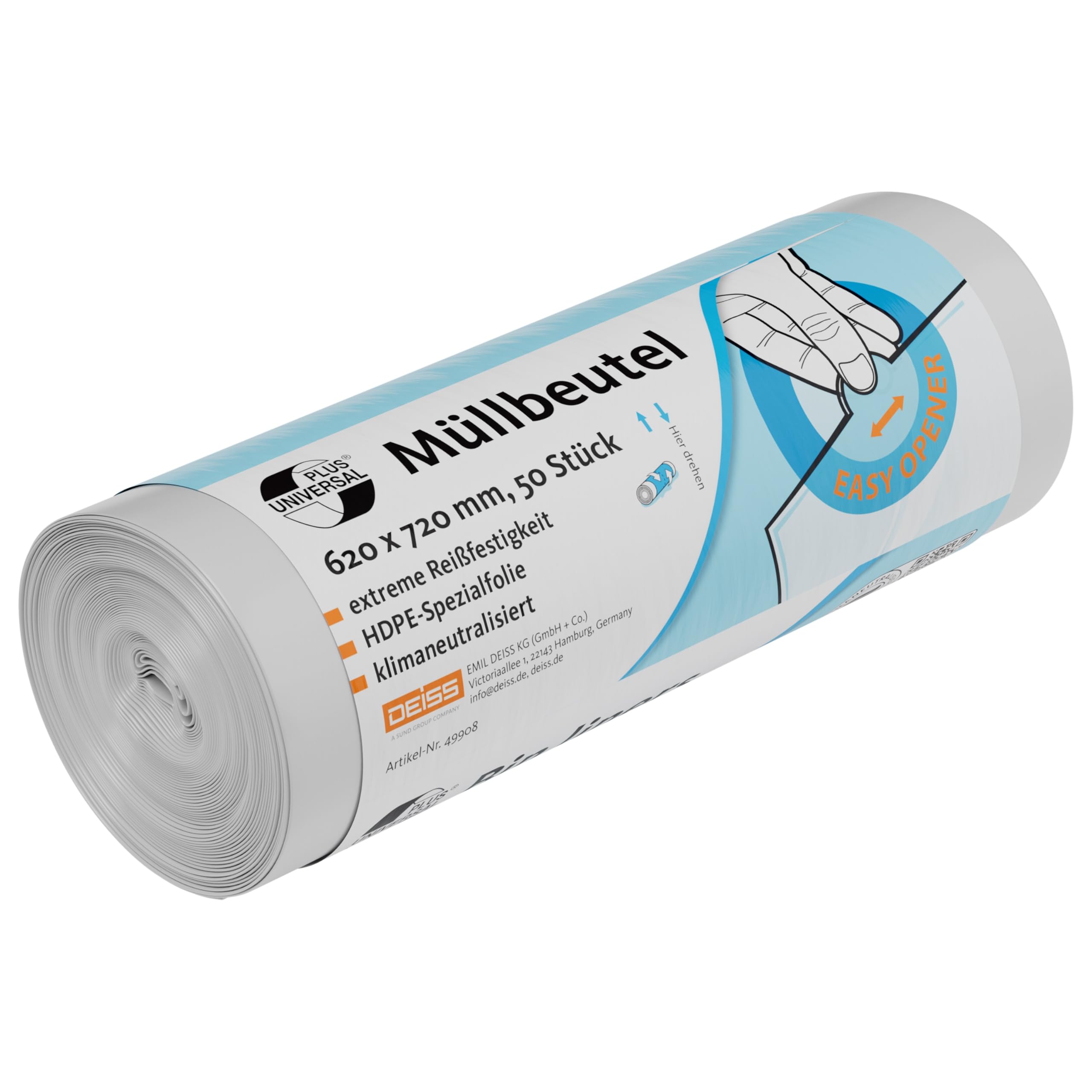 Deiss Universel Plus 49908 Sacs Poubelle avec Bandeau Coloré Imprimé 620 mm x 720 mm Transparent 50 par Rouleau 60L