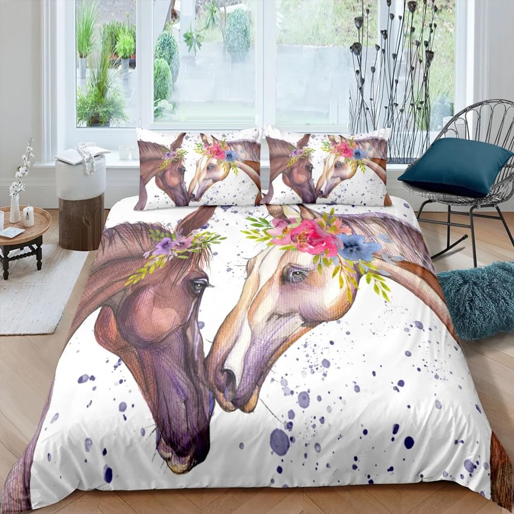 QBIDCSX Bedding Double Bed Set Horse Bedding Double Bed Set - Microfibre Quilt Cover 230x220 cm - Comforter Cover with 2 Pillowcases(Double)