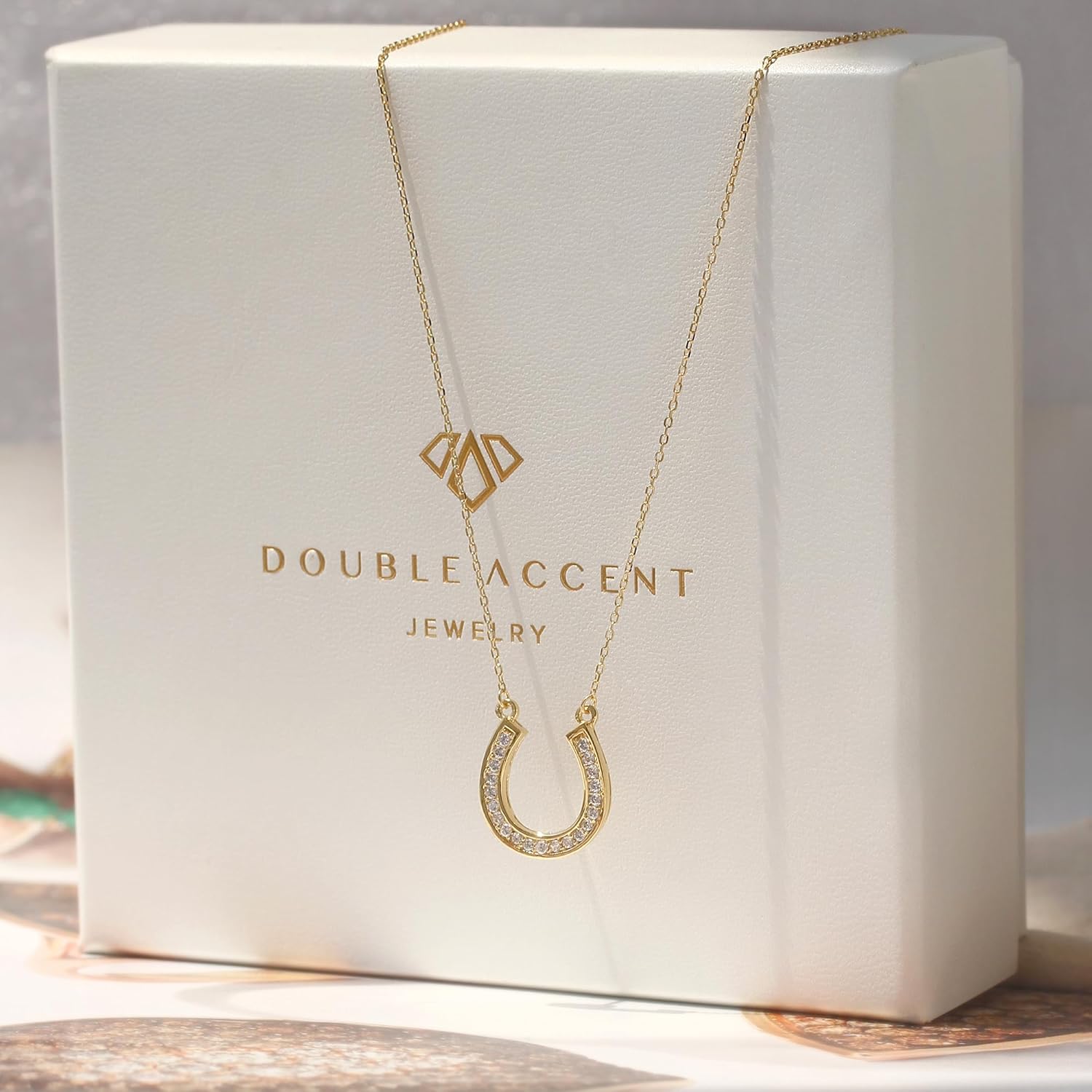 Sterling Silver Pendant Necklace CZ 14K Gold or Rose Gold Plated Horseshoe Necklace, Chain 16~18 Inches