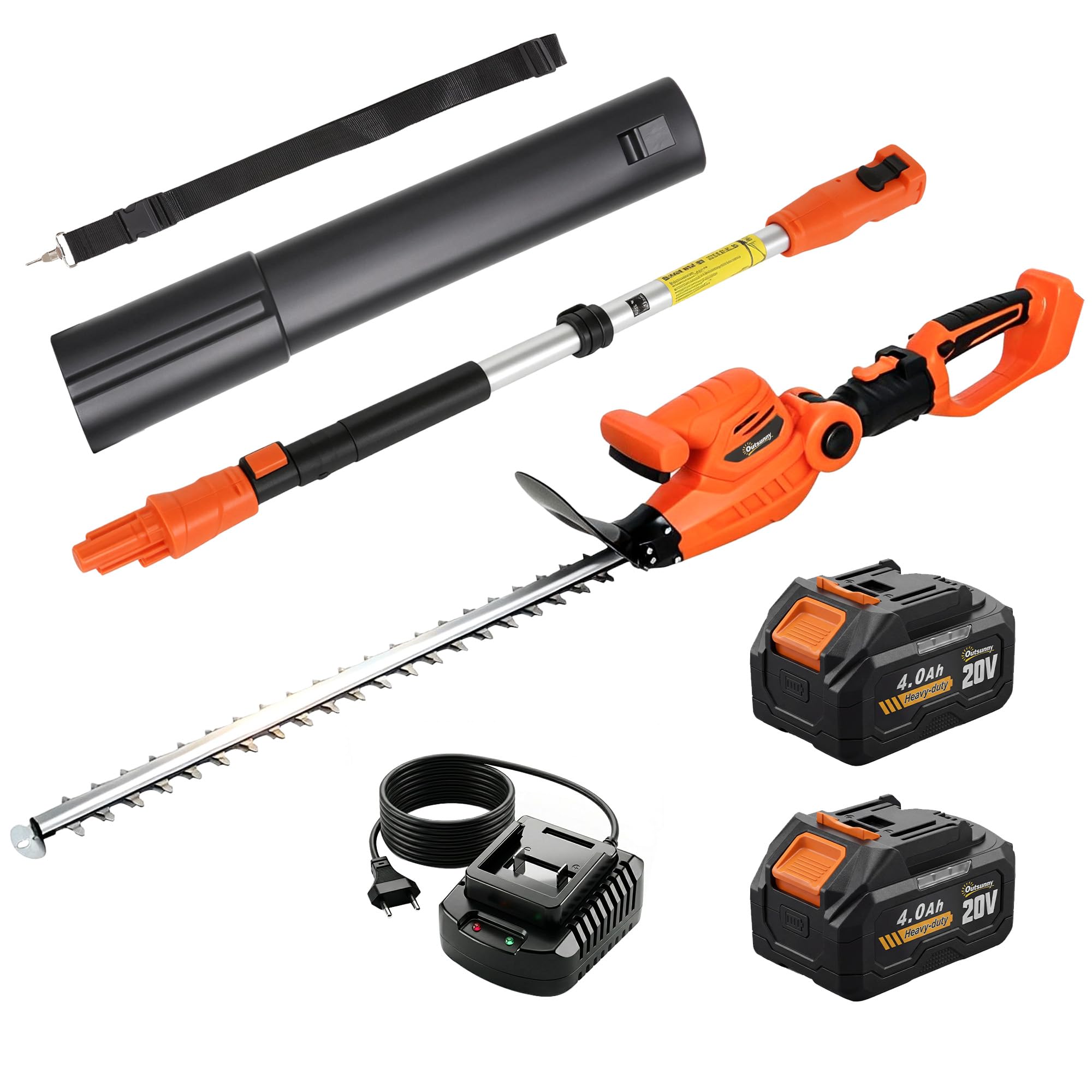 Outsunny Tagliasiepi a Batteria 18V, Taglia Siepi da Giardino con 2 Batterie da 4Ah, Caricatore, Palo Telescopico Regolabile in Alluminio, Lama a Doppia Azione 51cm per Rami Arbusti Rametti, Arancione