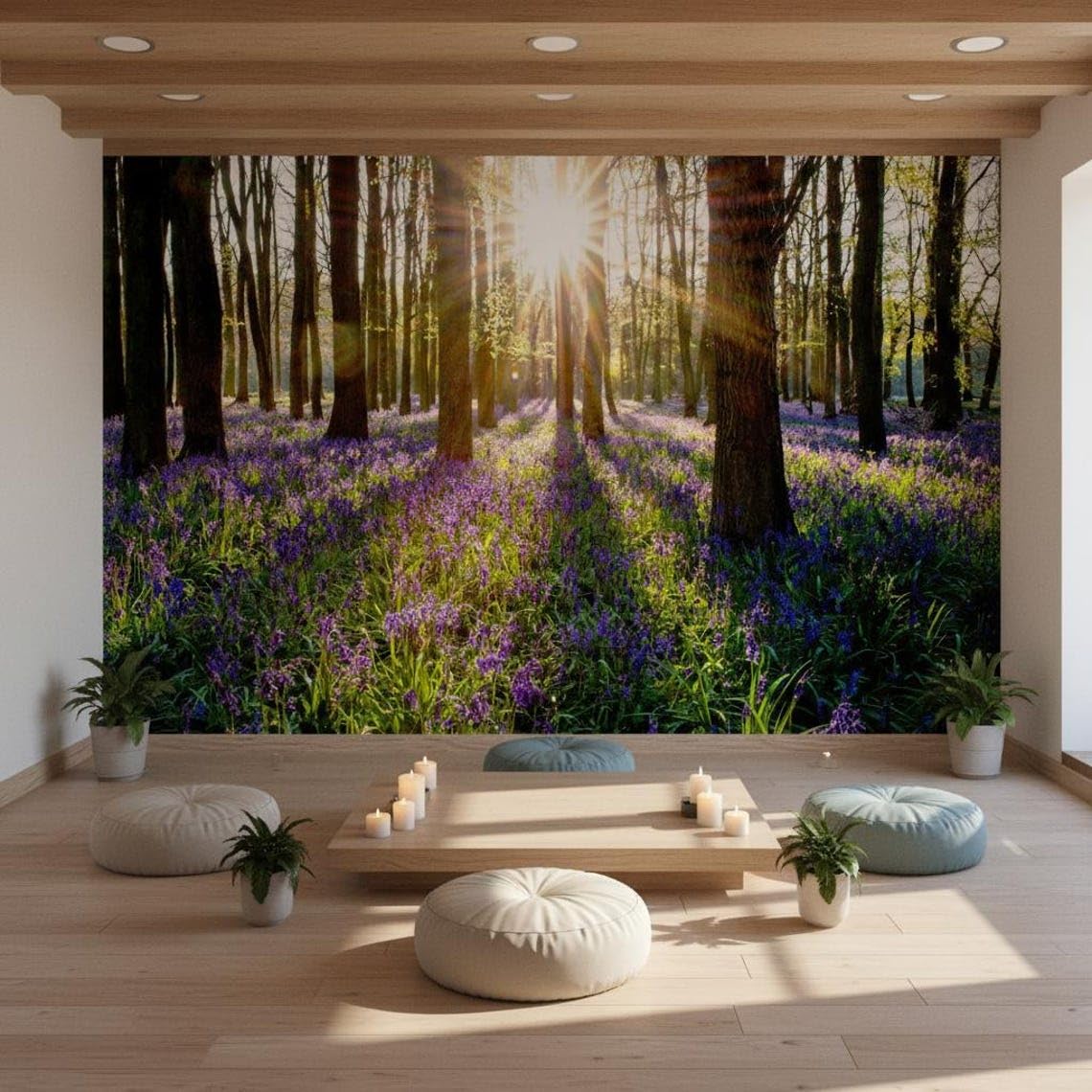 Sunny Graphics Print Forest Photo Wallpaper Mural, Sunlight Through Trees & Purple Lavender Flowers for Spa, Lounge, Indoor Garden Decoration Wall Covering