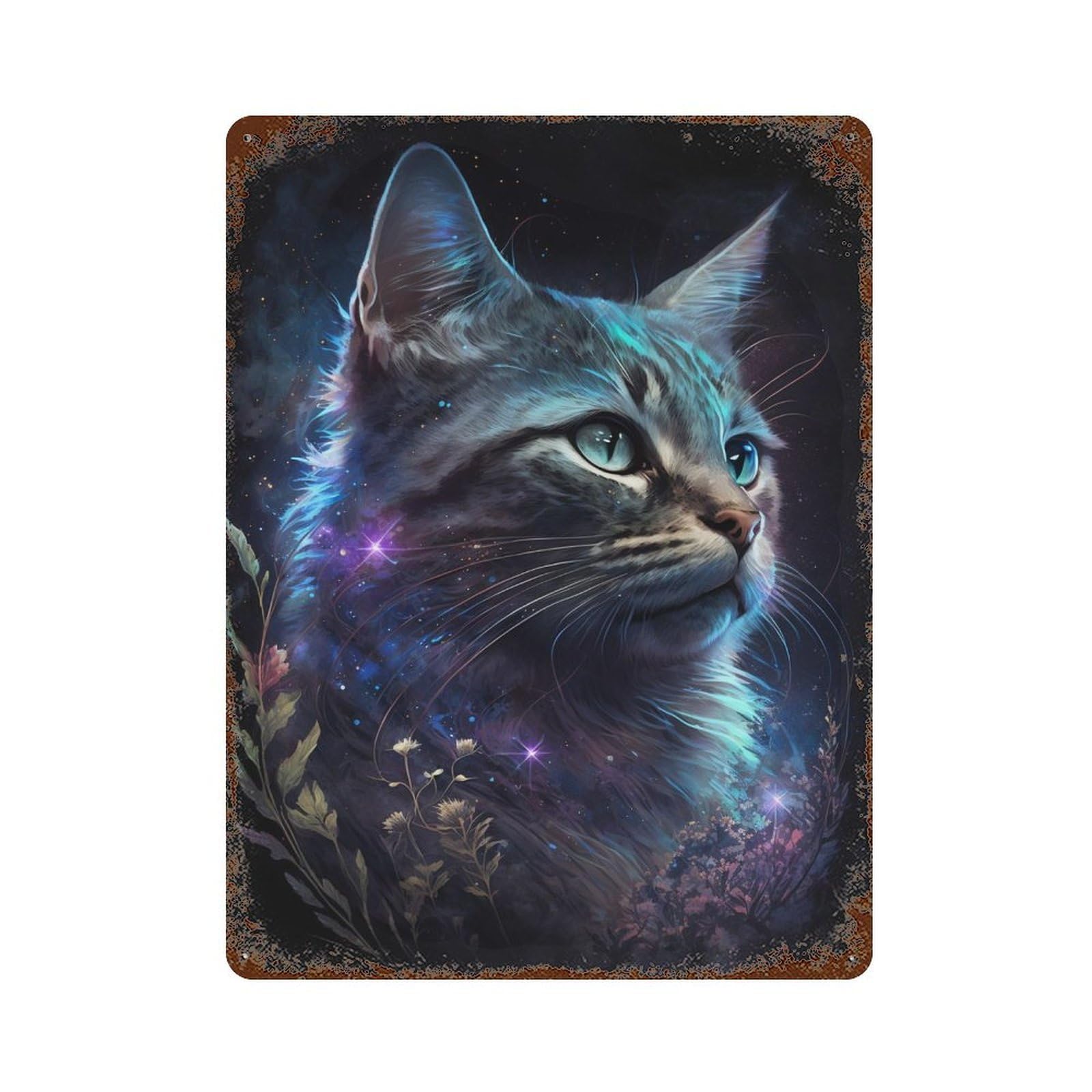 Galactic Cat Fantasy Artwork 15.7"x11.8" Rustic Tin Plaque, Novelty Wall Decor for Bistro, Counter And Cafe Decor