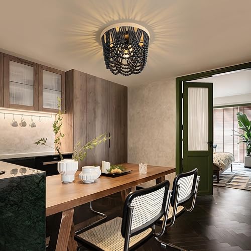 Miniatura 10 de Lámpara bohemia con cuentas estilo bohemio, lámpara de techo con cuentas, lámpara de 3 luces con cuentas de madera, lámpara de guardería para