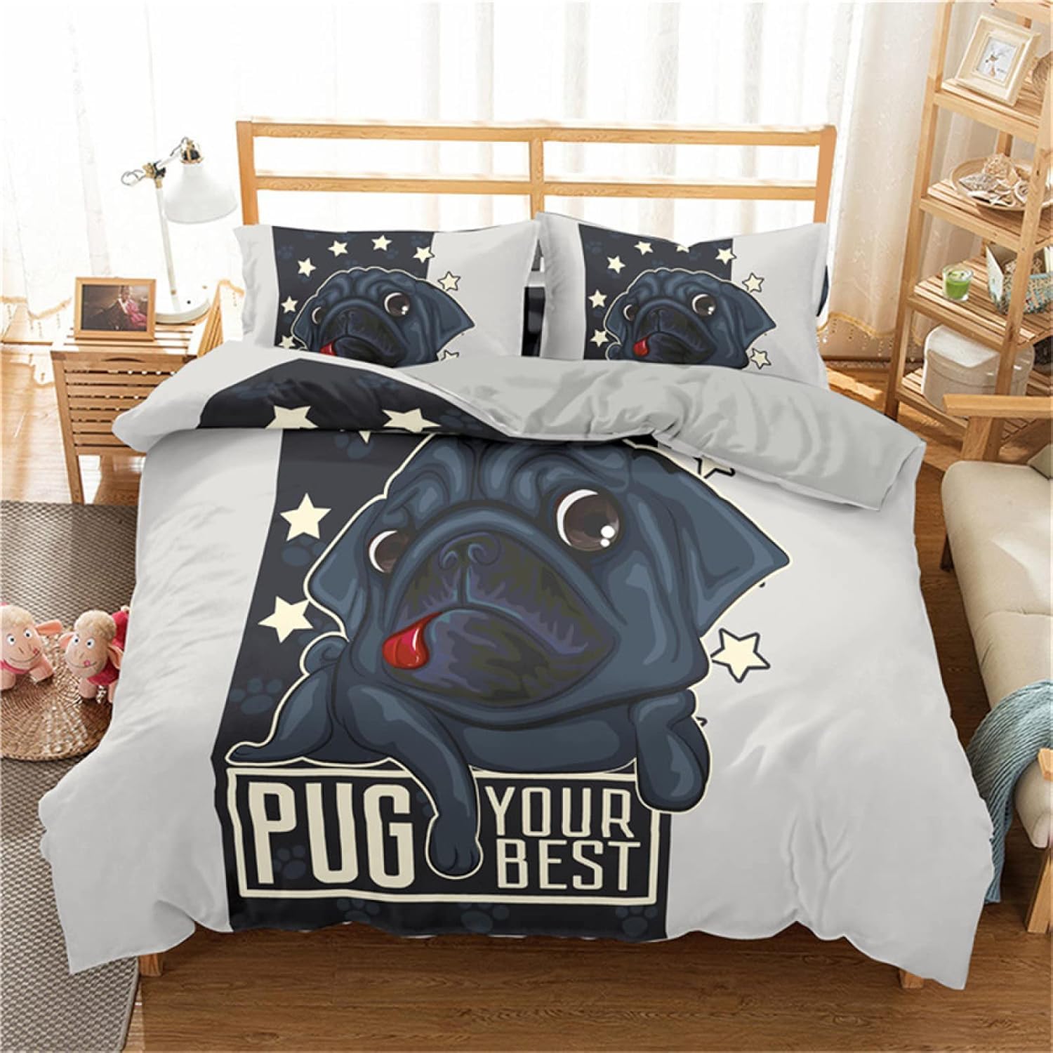 LMMSMGS King Size Duvet Cover Sets Pug Duvet Cover King Size 94.5"x 86.6" with 2 Pillowcases 19.7"x 29.5" Bedding Sets Ultra Soft Warm Fluffy With Zipper Closure for Aldults Kids