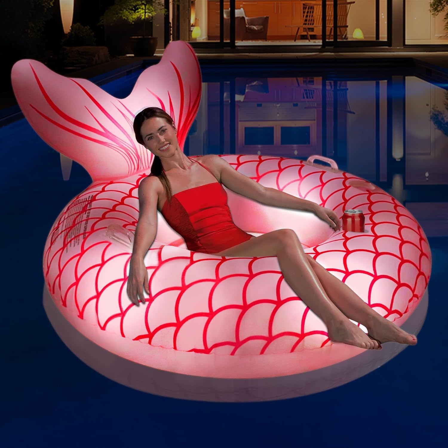 Sinbyuer Mermaid Inflatable Pool Float Chair, Solar Powered Pink Pool Float with Lights, Pool Lounger Float with Cup Holder & Handles, Large Beach Floats for Ocean, Pool Raft Water Floats for Adults