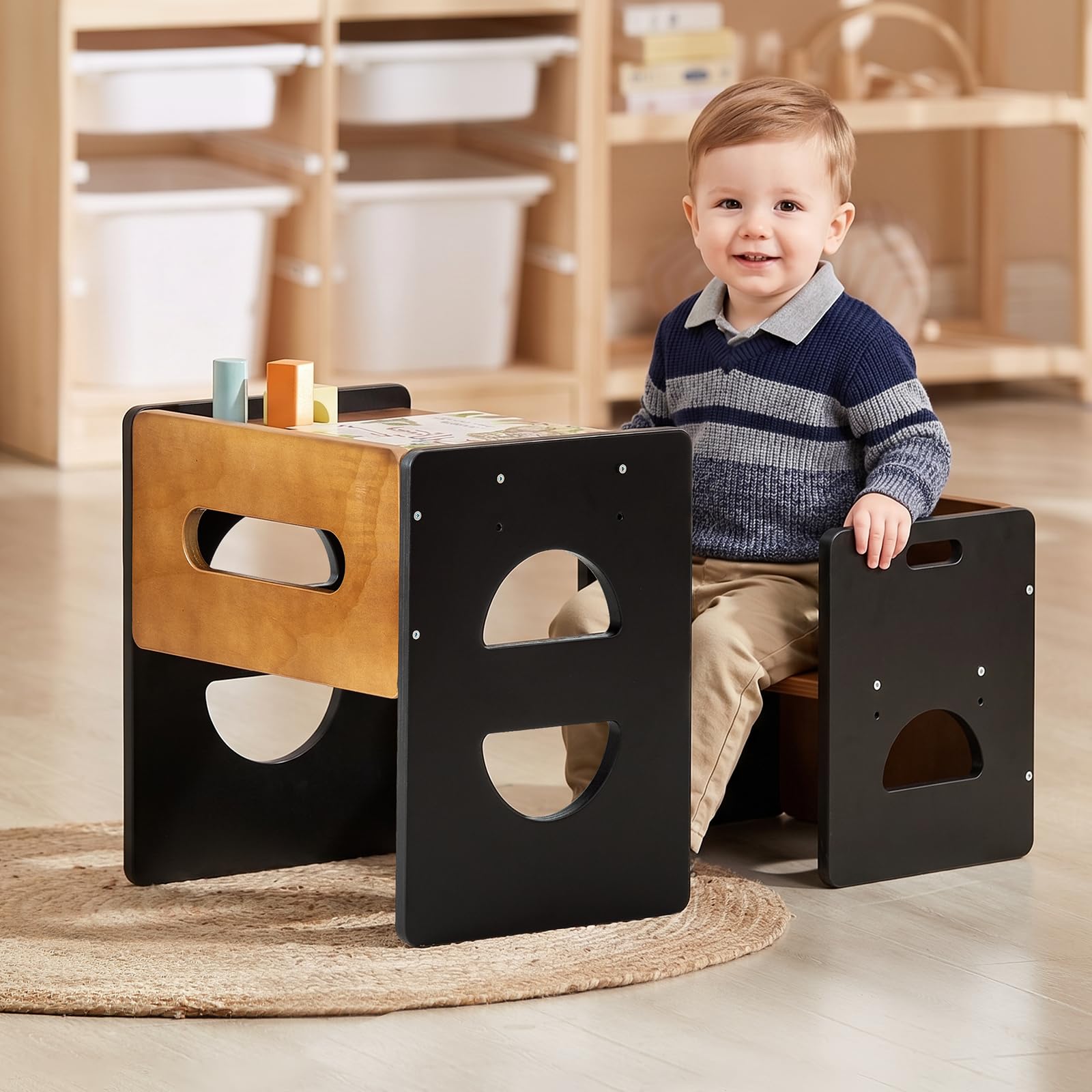 FUNLIO Height Adjustable Montessori Table and Chair Set for Age 1-3, Solid Wood Toddler Table and Chair Set, Easy to Assemble, Weaning Baby Table Chair Set for Reading/Eating/Playing - Black — image 1