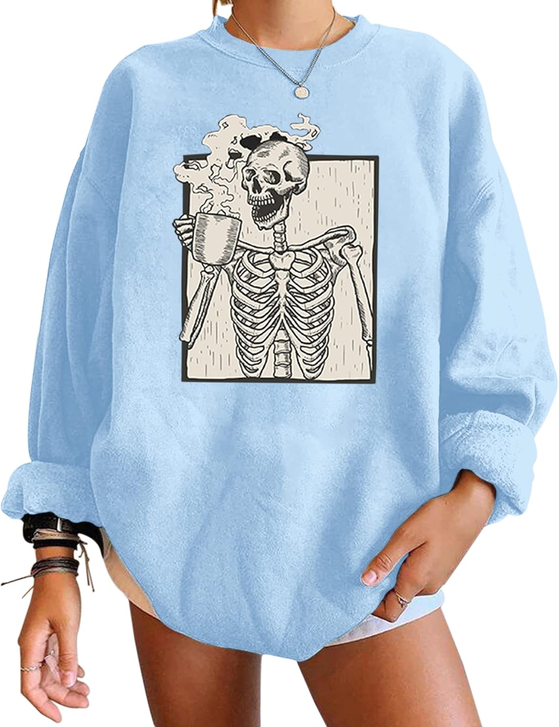 Meladyan Halloween Skull Graphic Print Fleece Oversized Sweatshirt Crewneck Long Sleeve Drop Shoulder Pullover