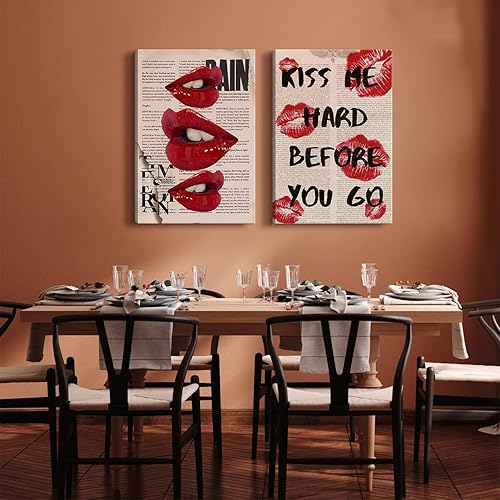 Miniatura 4 de 2 piezas de lienzo enmarcado, arte de pared, decoración de pared de moda preparada, pósteres de labios rojos funky, impresiones de cuadros de